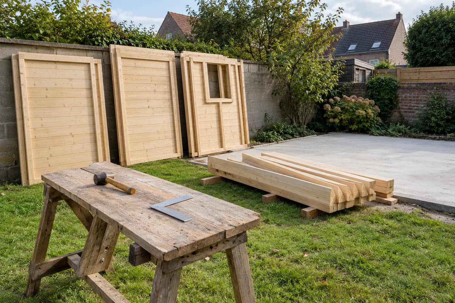 Zelfbouwpanelen en dakbalken liggen klaar naast een lege funderingsplaat en een werkbank in de tuin