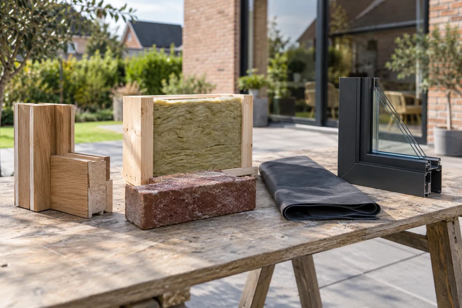 Materiaalstalen met houtverbinding, isolatie, gevelsteen, dakfolie en een donker raamprofiel op een werkbank