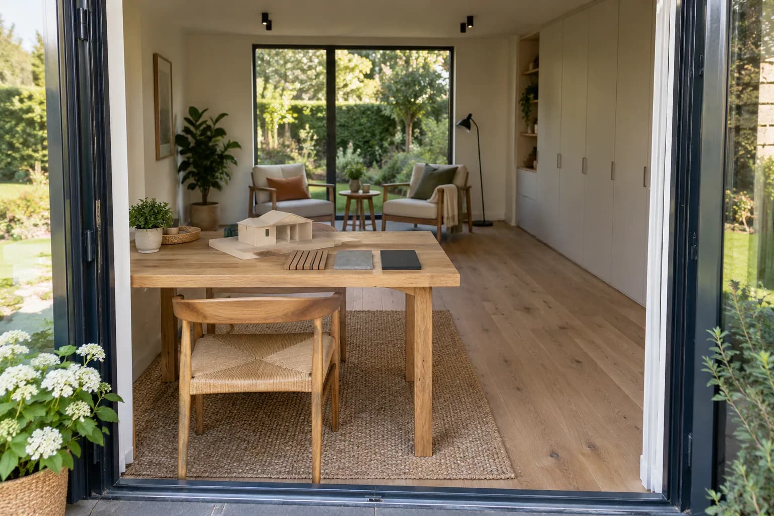 Maquette en gevelstalen op een tafel in een bijgebouw met zithoek, tuinramen en ingebouwde bergruimte