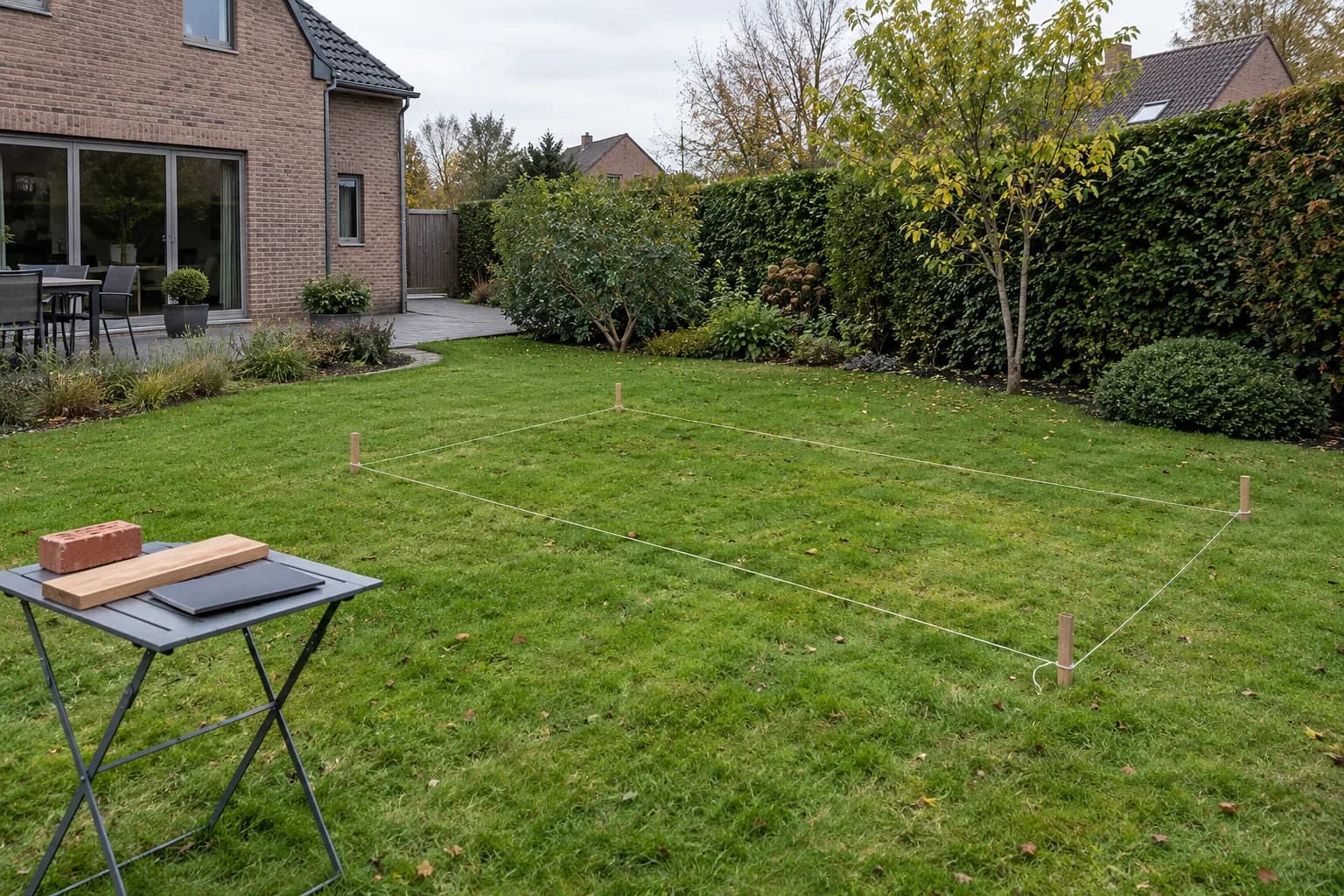 Met koord afgebakende plek voor een bijgebouw in de tuin, naast een tafel met gevelmateriaalstalen