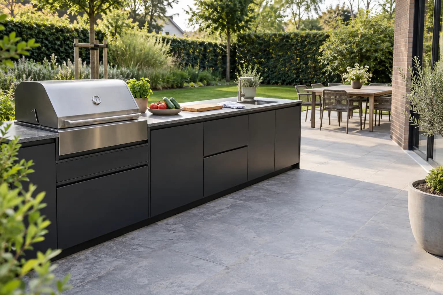 Buitenkeuken met gesloten barbecue, vrij werkblad en spoelbak, met een brede doorgang naar de tuintafel