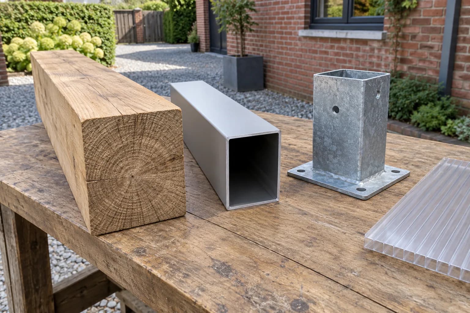 Houten balk, hol aluminiumprofiel, verzinkte paalvoet en lichtdoorlatende dakplaat als carportmateriaalstalen
