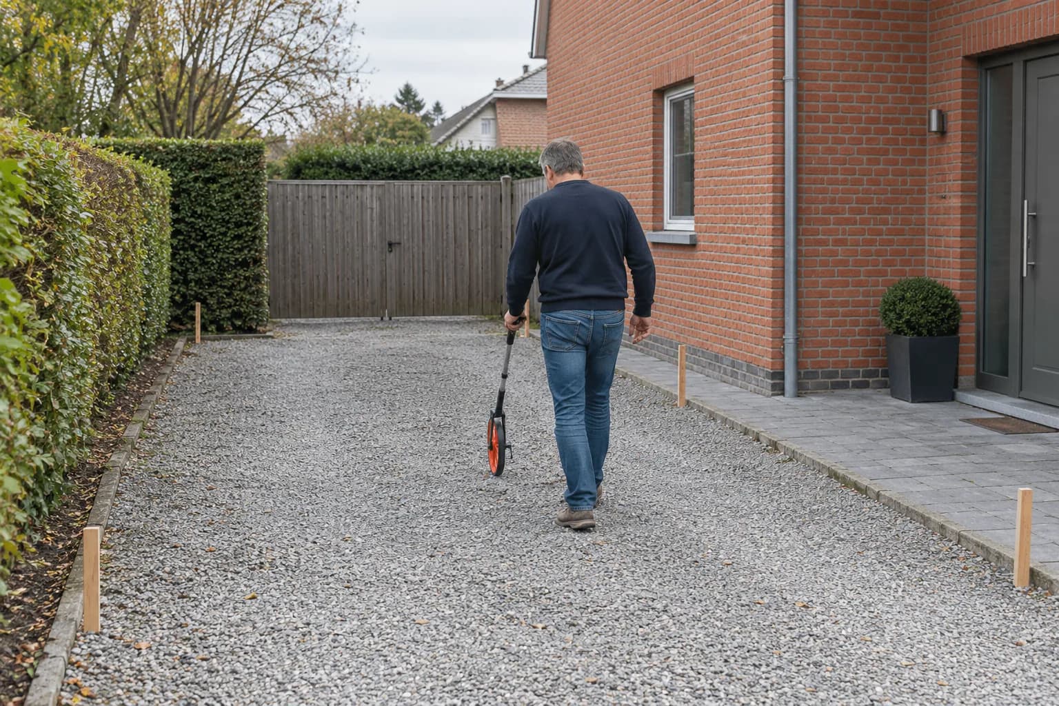 Bewoner meet met een meetwiel de oprit naast een bakstenen woning op voor een carport