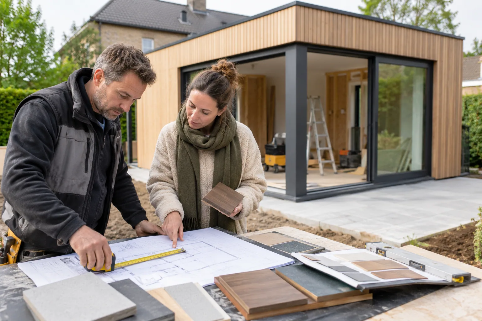 Bewoner en vakman vergelijken maten en materiaalstalen voor een bijgebouw