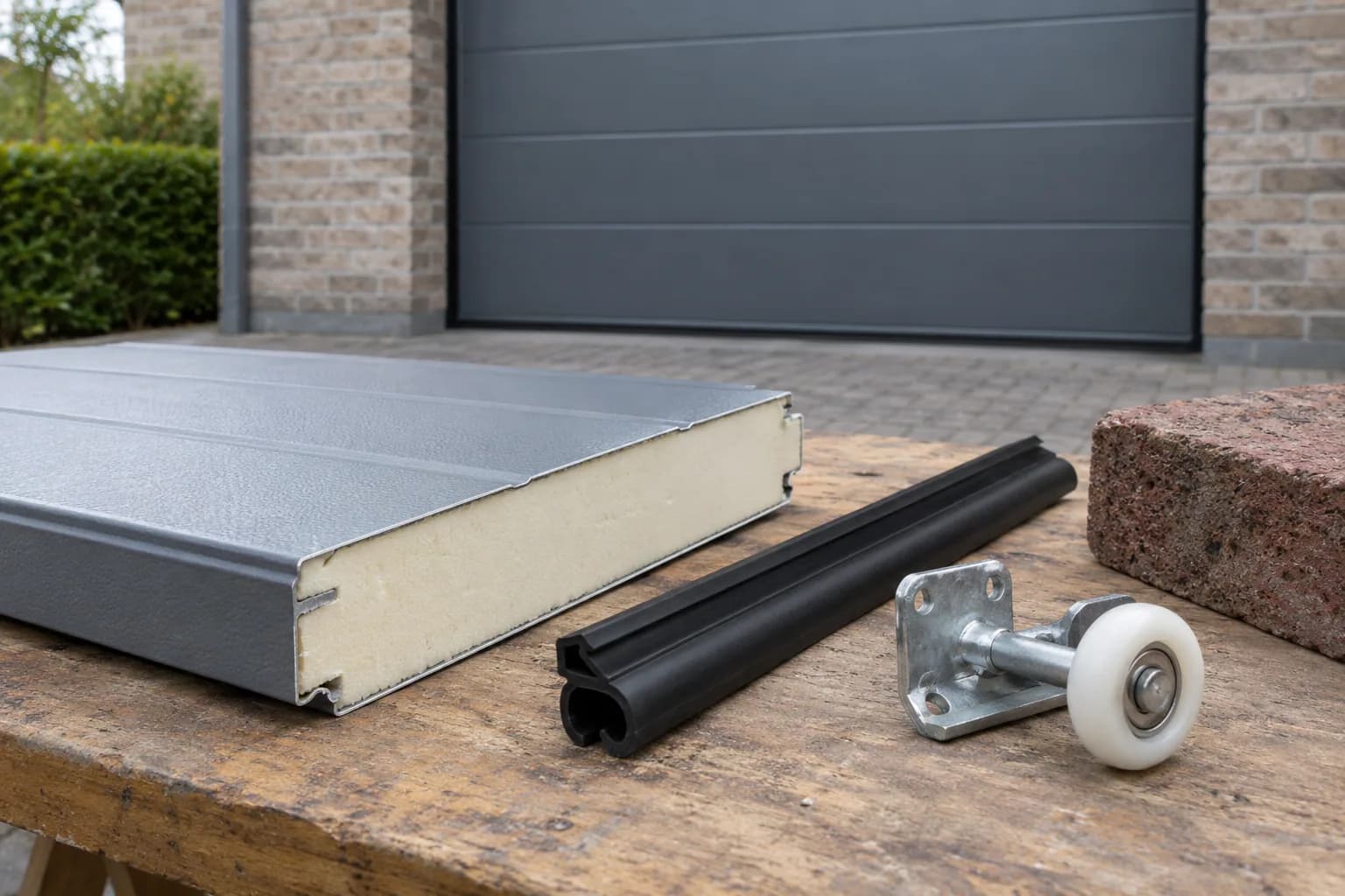 Doorsnede van een geïsoleerd garagepoortpaneel met rubber afdichting, looprol en baksteen op een werkbank