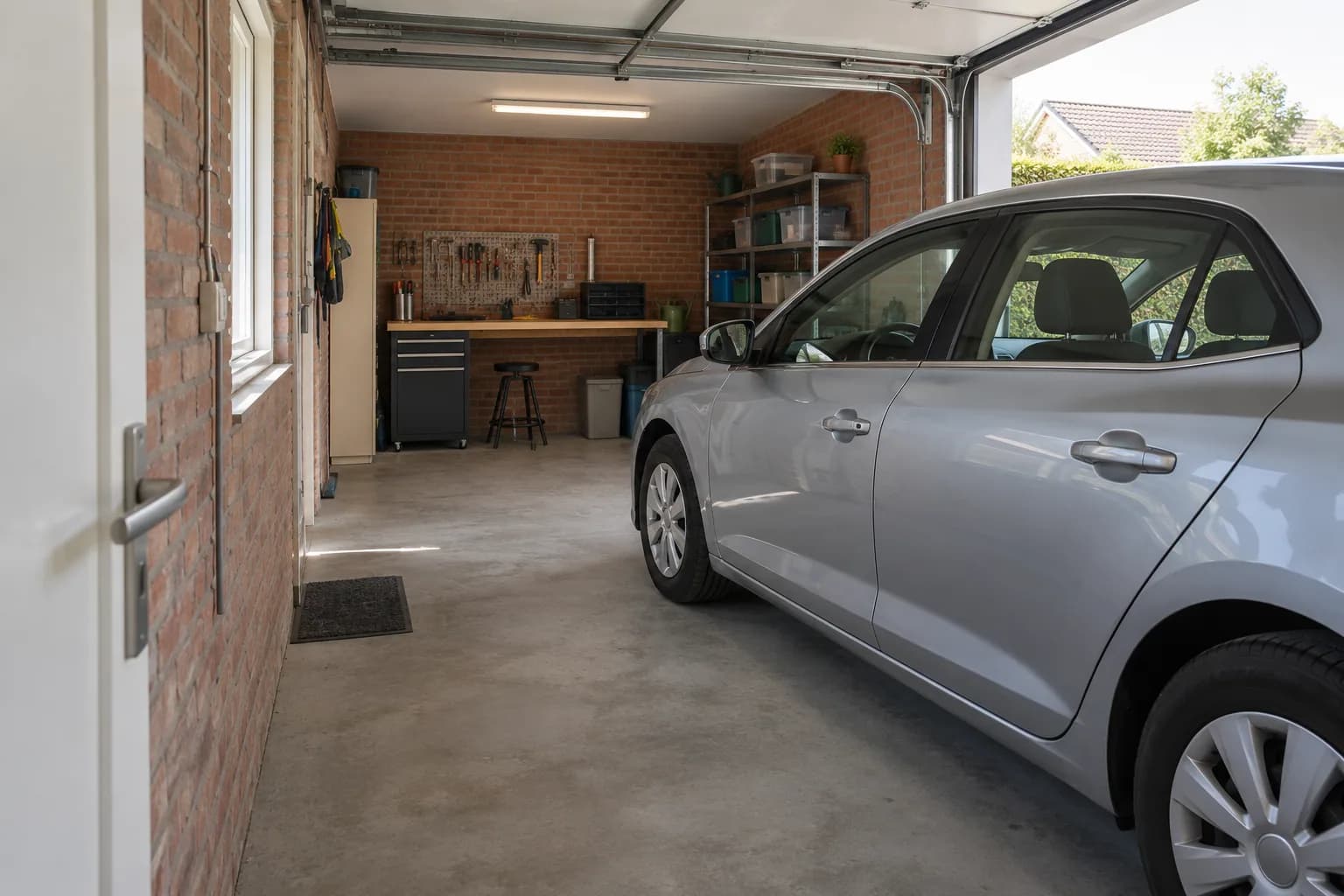 Garage met vrije loopruimte naast een zilveren auto, een werkbank achteraan en een geopende sectionaalpoort