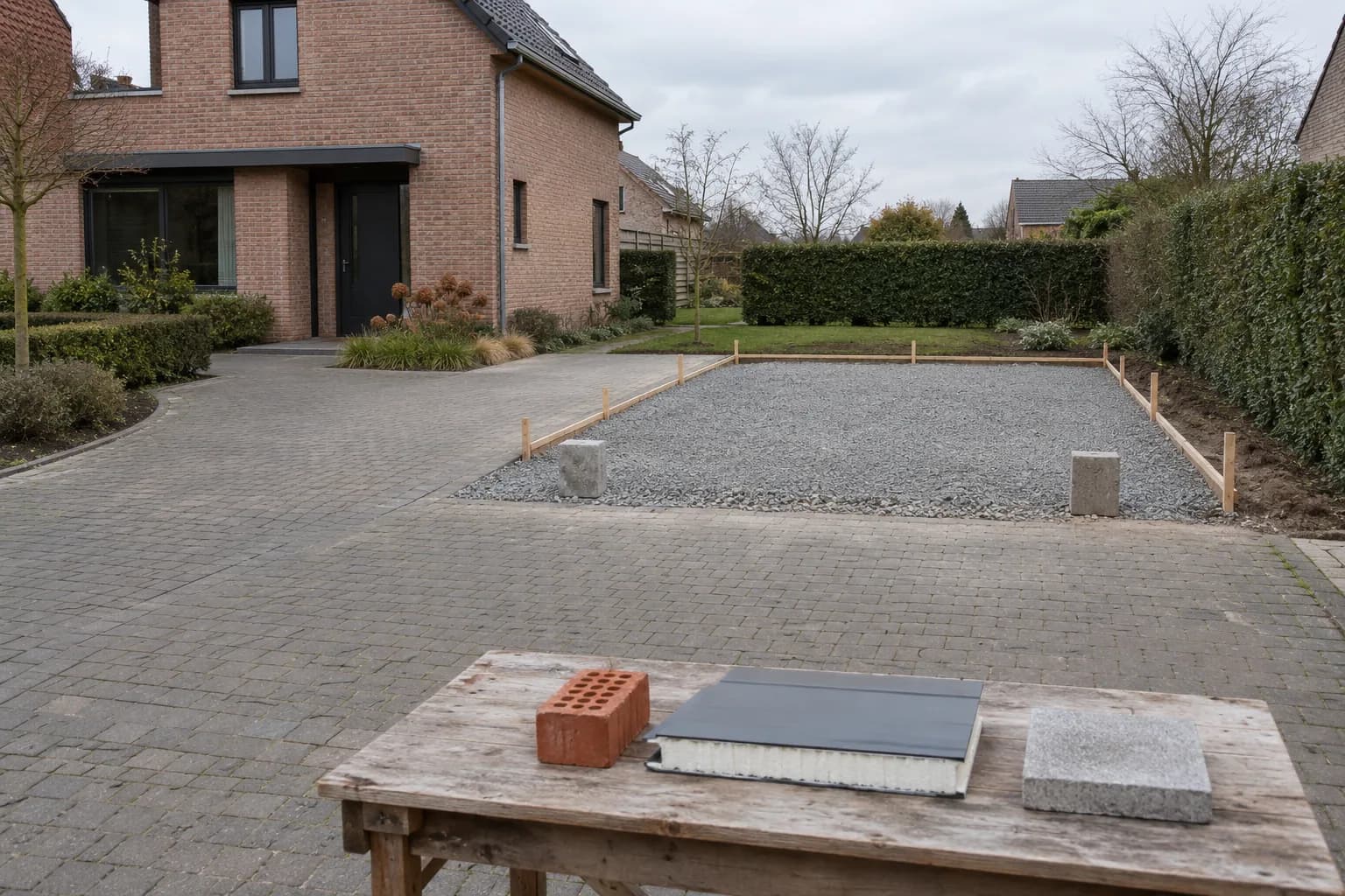 Uitgezette garageplaats naast een oprit, met baksteen, geïsoleerd poortpaneel en betonklinker als stalen