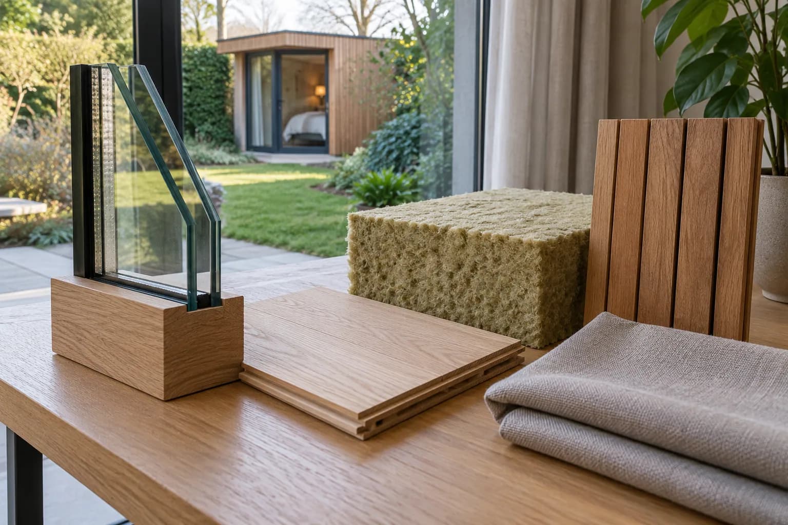 Glasstaal, minerale wol, houten vloer- en wandstalen en gordijnstof voor de afwerking van een gastenverblijf
