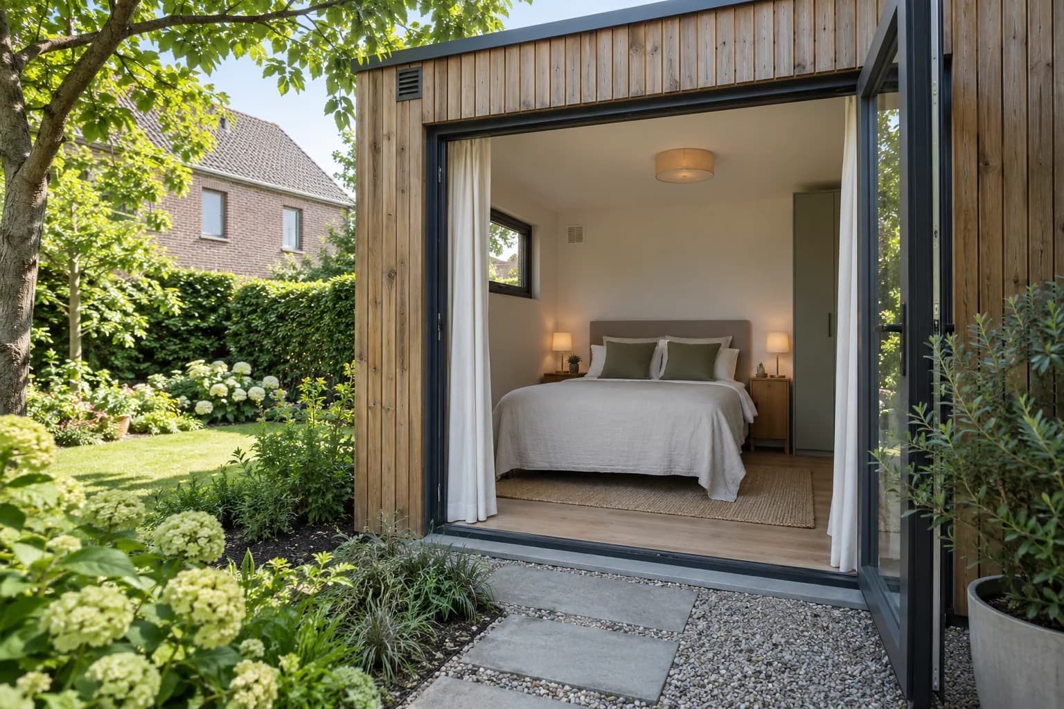 Houten gastenverblijf met open glazen deur, tweepersoonsbed, nachtkastjes en gordijnen aan een tuinpad