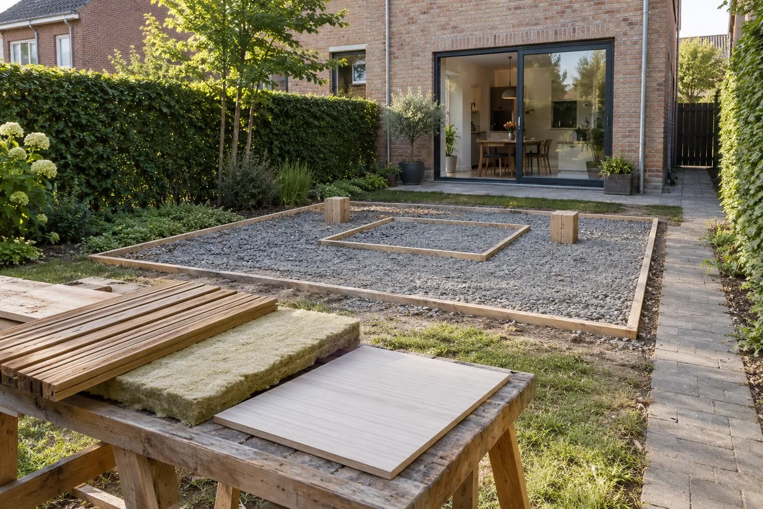 Met houten latten uitgezette ruimte voor een gastenverblijf, met isolatie-, gevel- en vloerstalen op de voorgrond