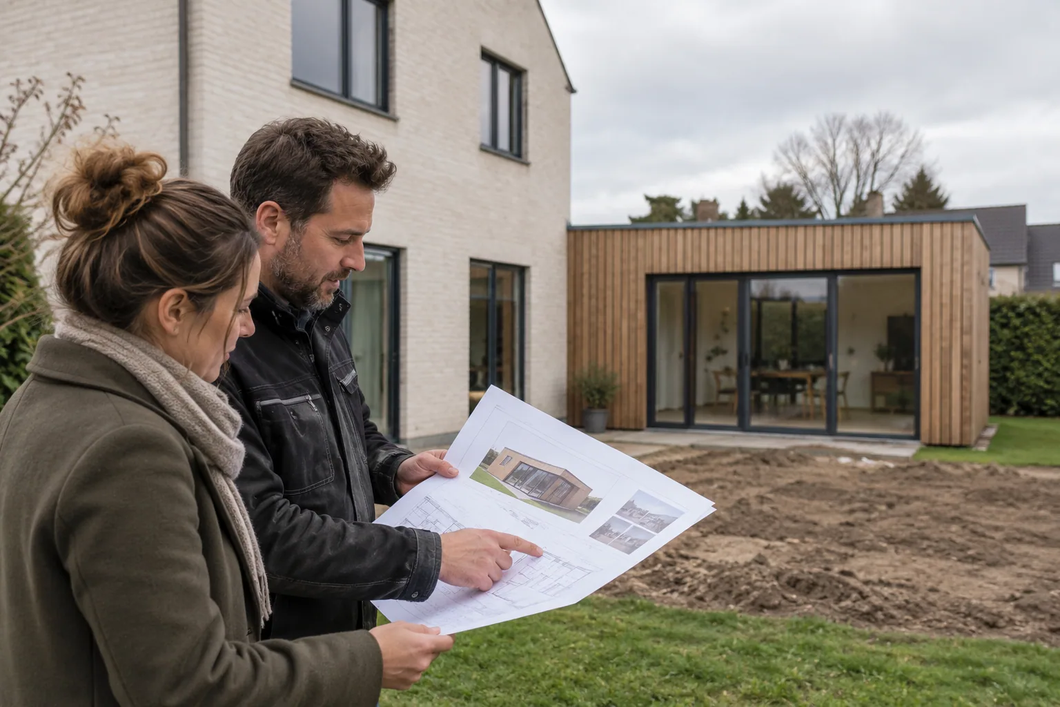 Bewoner en vakman bespreken een bouwplan naast een houten bijgebouw
