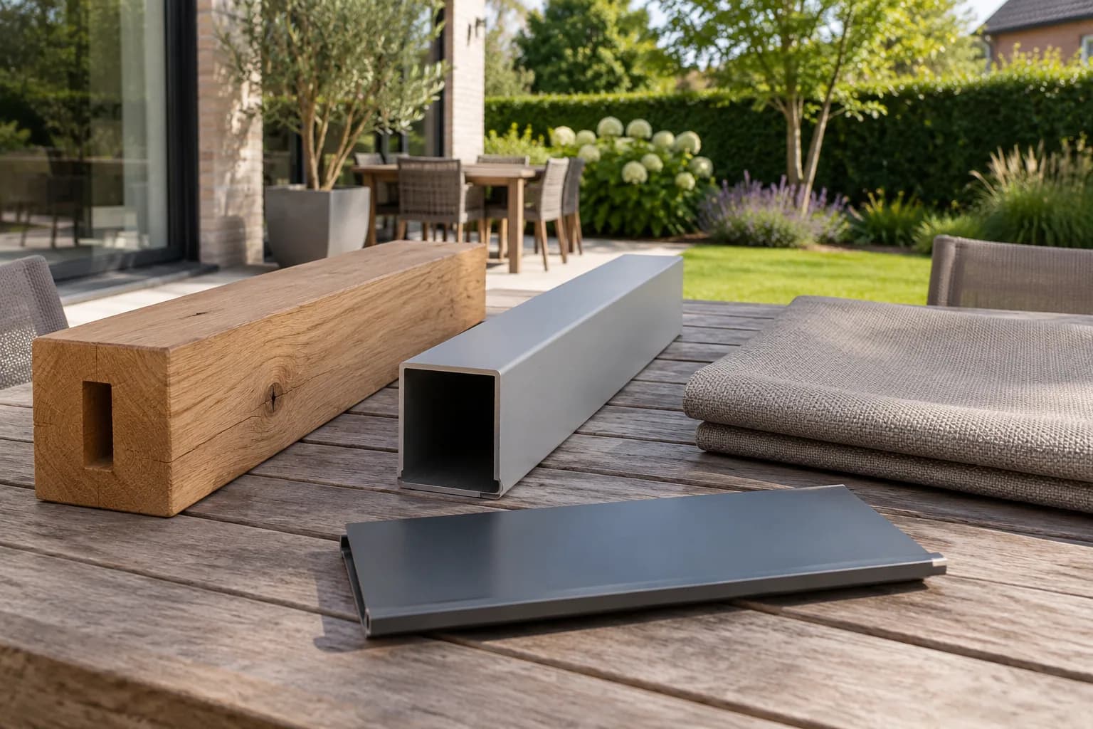 Eiken balk, hol aluminiumprofiel, gevouwen overkappingsdoek en een losse daklamel op een tafel