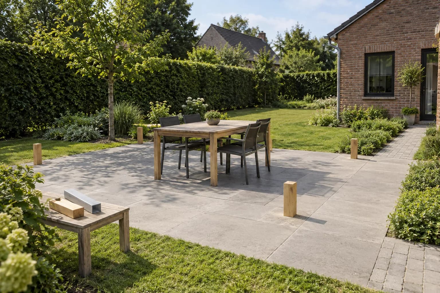 Tuinzitplaats met vier gemarkeerde paalposities voor een pergola en hout- en aluminiumstalen op een bankje