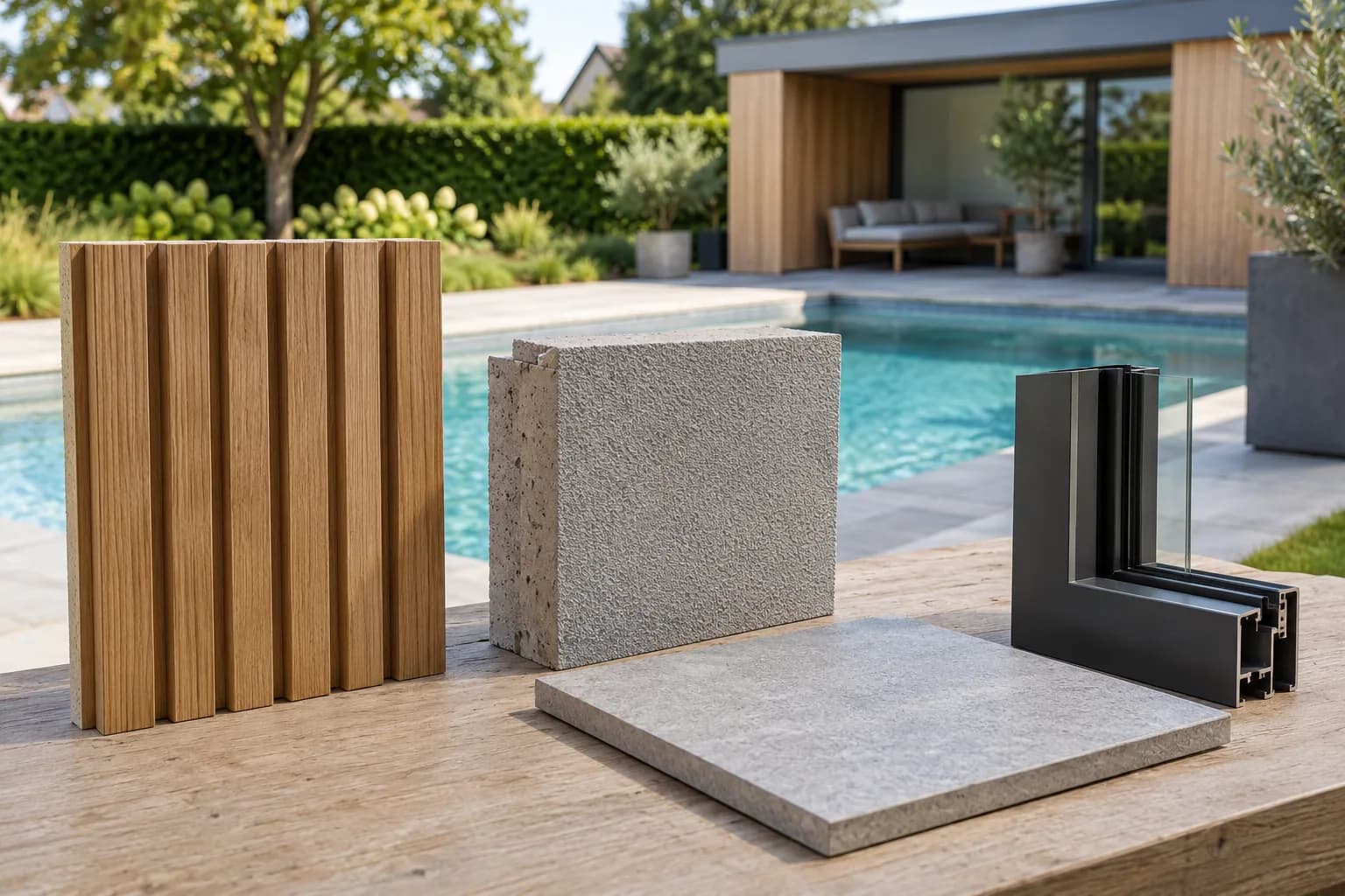 Houten gevelstaal, grijs pleisterstaal, vloertegel en aluminium raamhoek op een tafel naast het zwembad