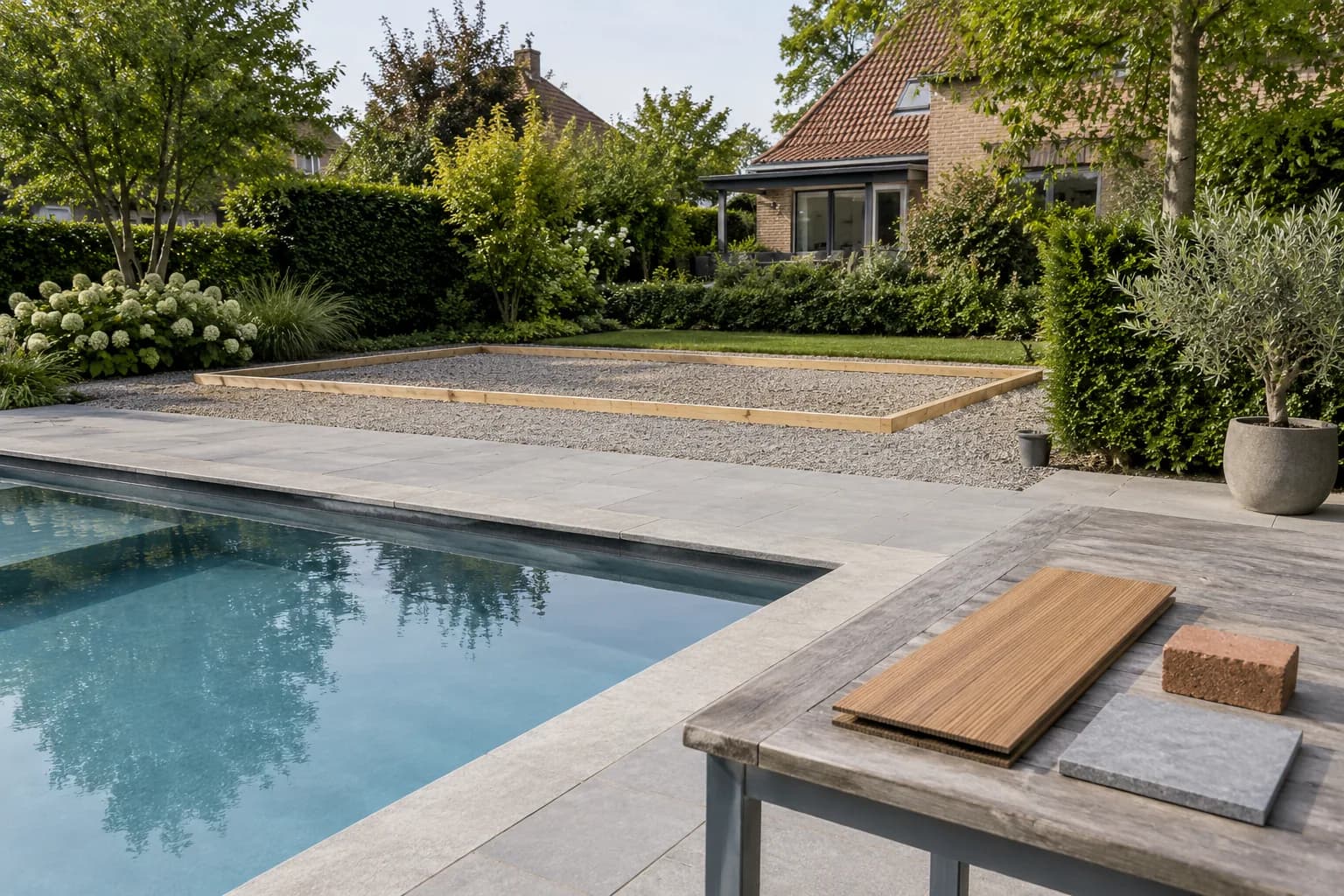 Uitgezette plek voor een poolhouse achter een zwembad, met hout, baksteen en een tegel als materiaalstalen