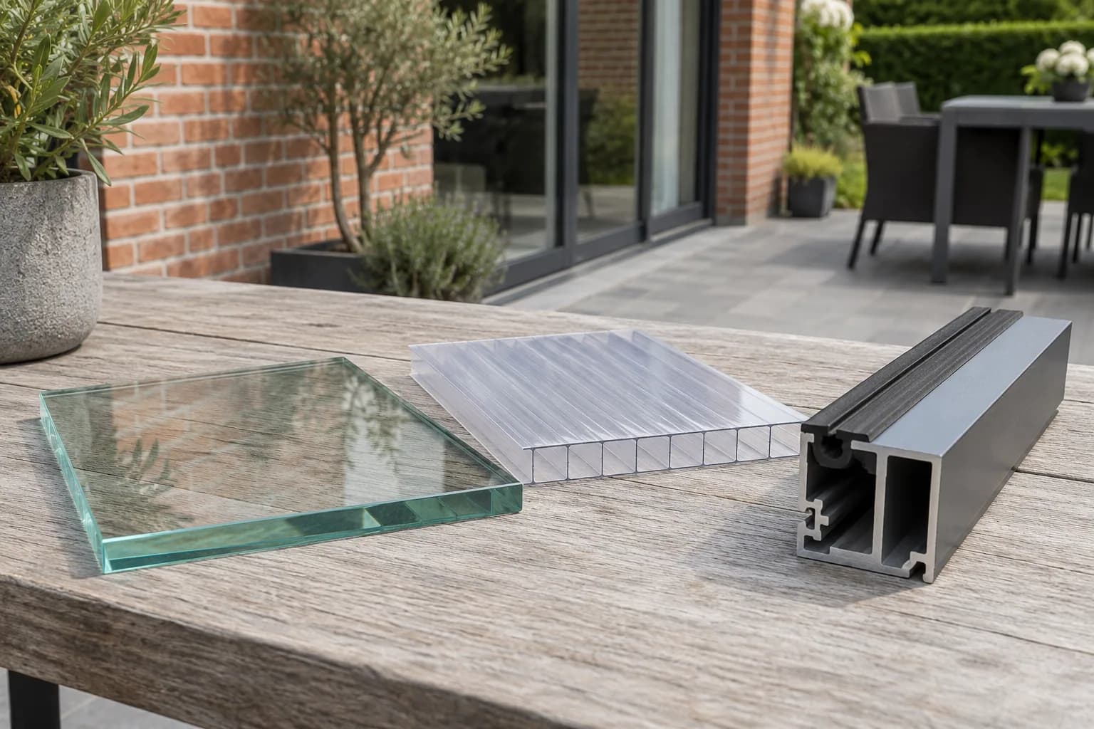 Helder glas, een meerwandige kunststof dakplaat en een grijs aluminiumprofiel naast elkaar op een terrastafel