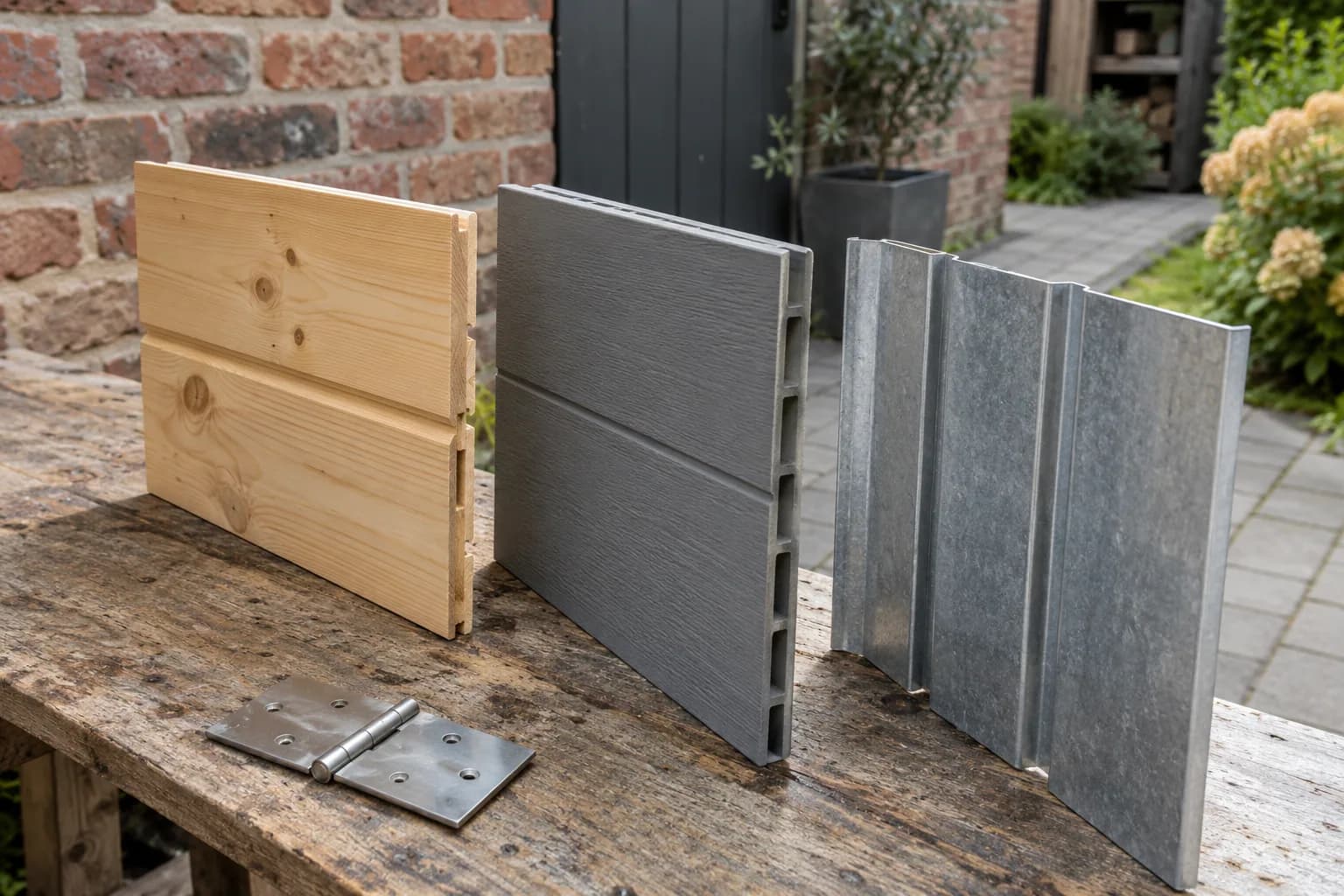 Houten, grijze kunststof en geribde metalen wandstalen met een deurscharnier op een werkbank