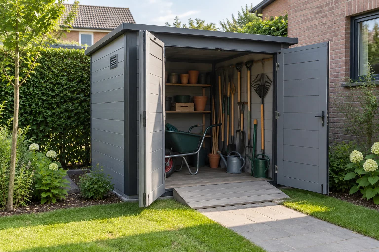 Grijze tuinberging met open dubbele deuren, oprijplaat, kruiwagen en geordend tuingereedschap