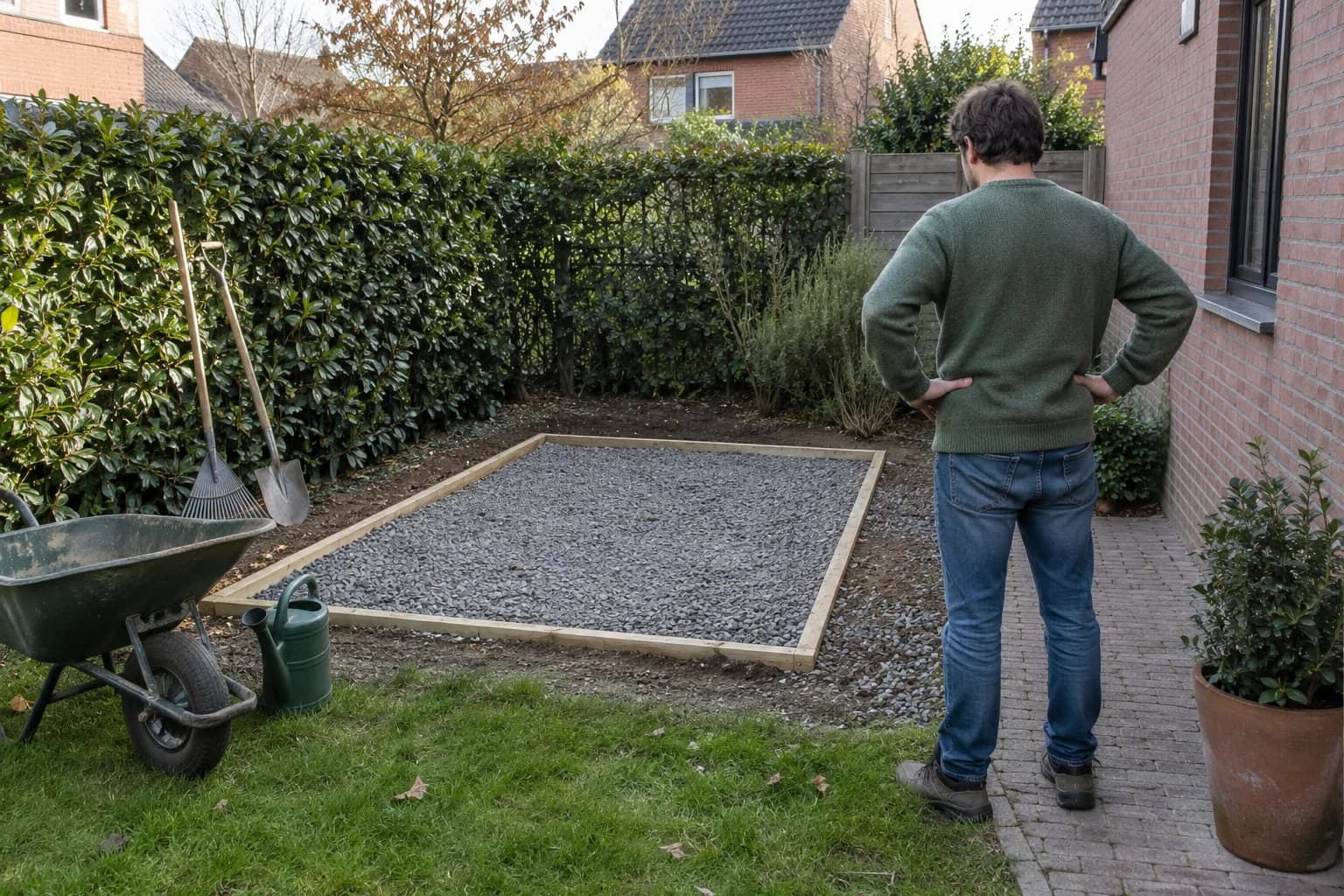 Bewoner bekijkt een uitgezette tuinberging naast een pad, met kruiwagen, gieter en tuingereedschap ernaast