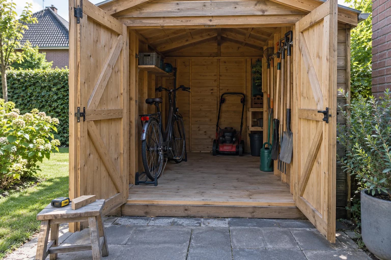Open tuinhuis met fiets, grasmaaier en opgehangen tuingereedschap; een rolmaat ligt op een kruk bij de ingang