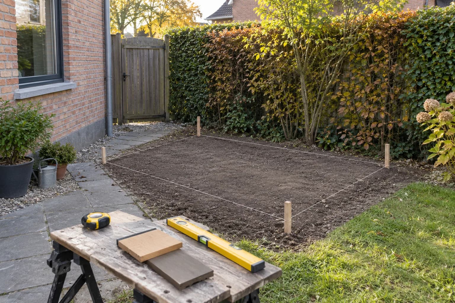 Uitgezette rechthoek voor een tuinhuis naast een tuinpad, met houtstalen en meetgereedschap op een werkbank