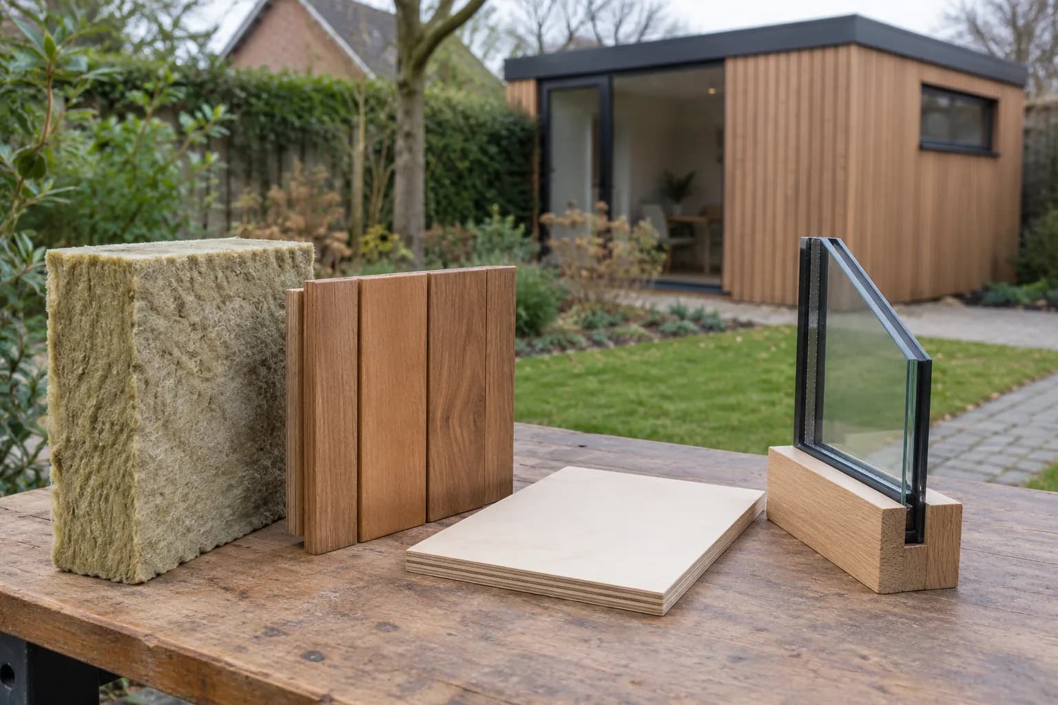 Minerale wol, houten gevelbekleding, multiplex en een glasstaal op een werkbank voor een tuinkantoor