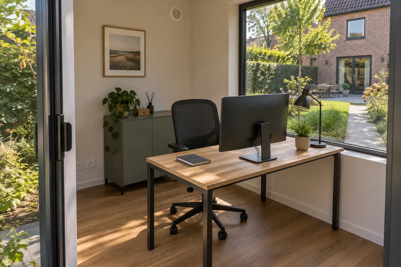 Ingericht tuinkantoor met bureau, monitor, bureaustoel en groot raam met zicht op het tuinpad naar de woning