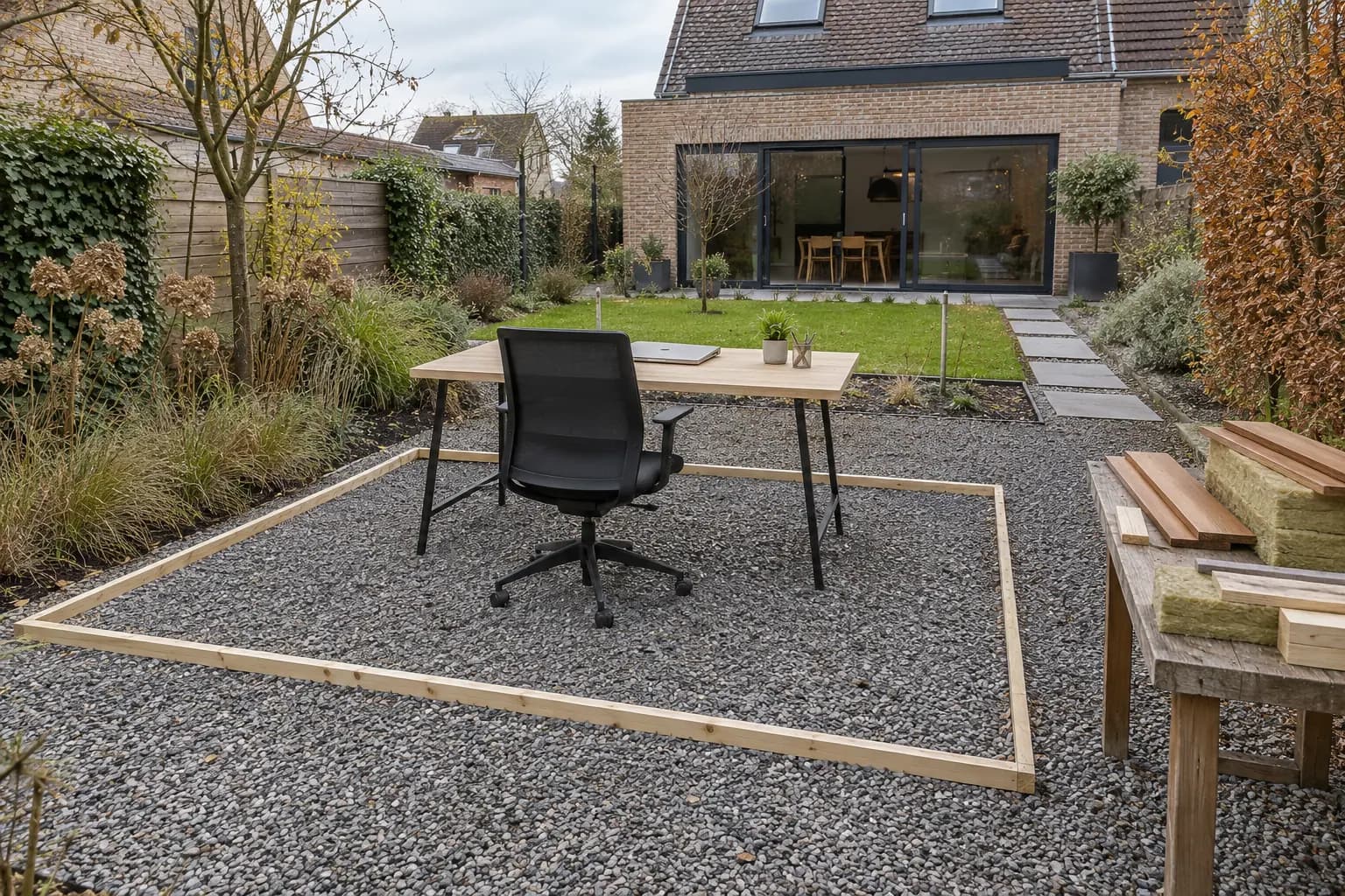 Bureau en bureaustoel als proefopstelling binnen een uitgezette tuinkantoorruimte, met hout- en isolatiestalen ernaast