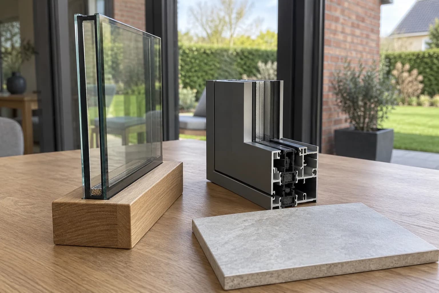 Staal van dubbele beglazing naast een doorsnede van een aluminium raamprofiel en een lichte vloertegel