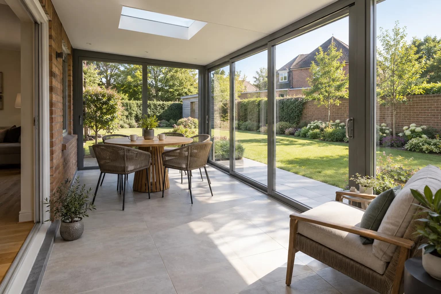 Gesloten veranda met glazen schuifwanden, daklicht, ronde eettafel en leesstoel met zicht op de tuin