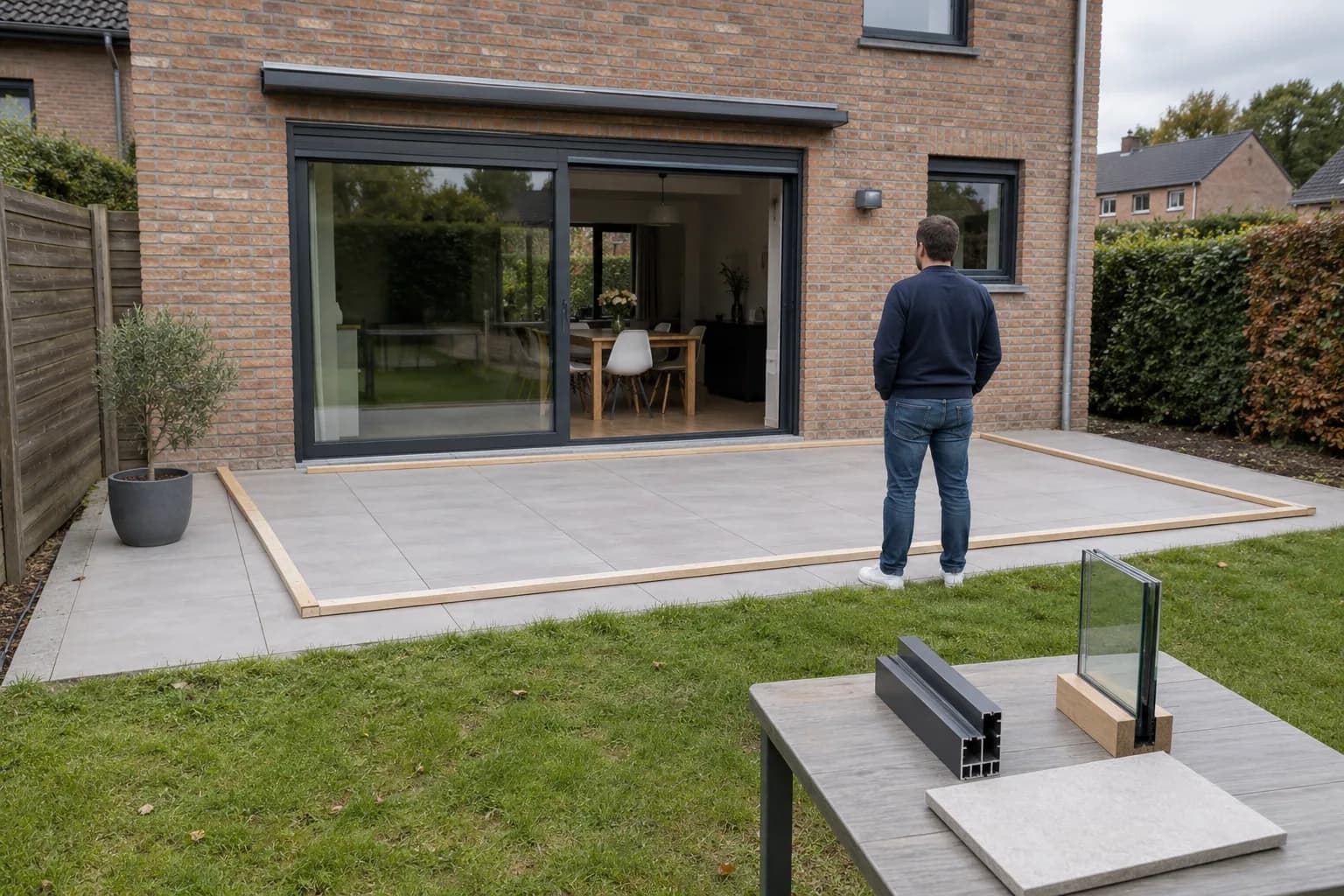 Bewoner bekijkt de met houten latten uitgezette veranda; glas-, profiel- en vloerstalen liggen op de voorgrond