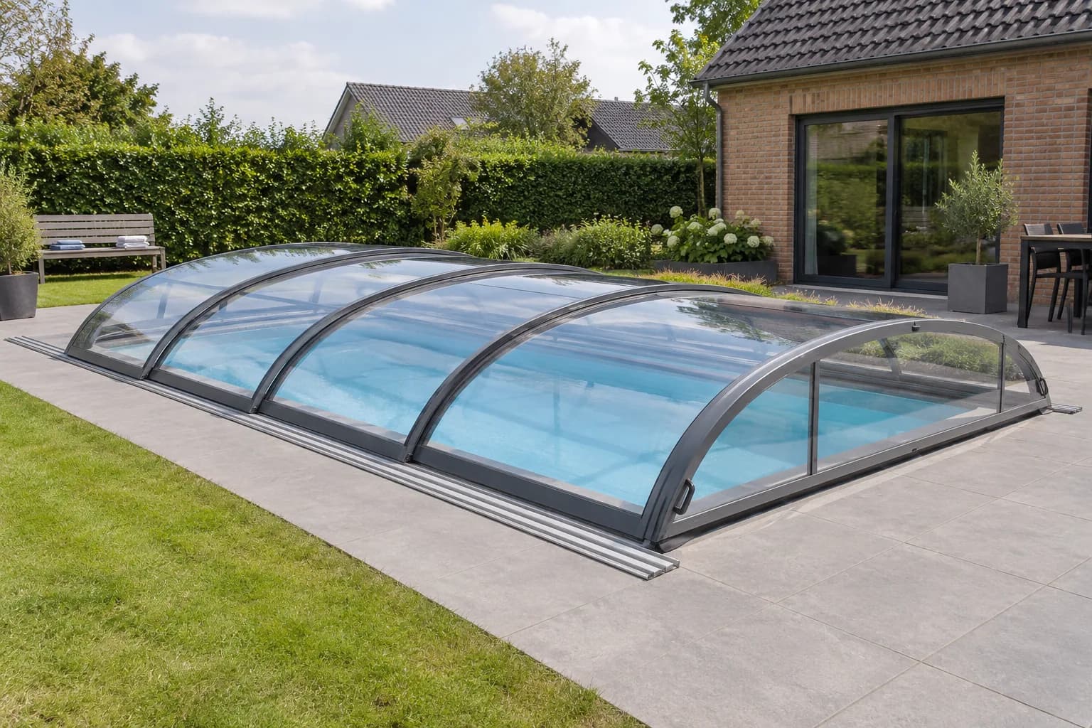 Gesloten lage zwembadoverkapping met transparante gebogen panelen en doorlopende rails op de bestrating