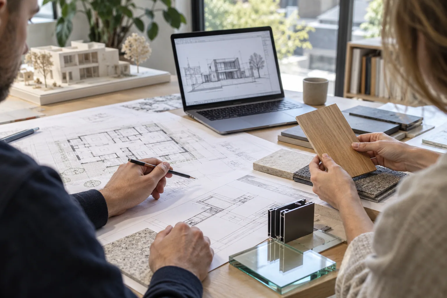 Handen vergelijken houtstalen en bouwplannen naast een laptop