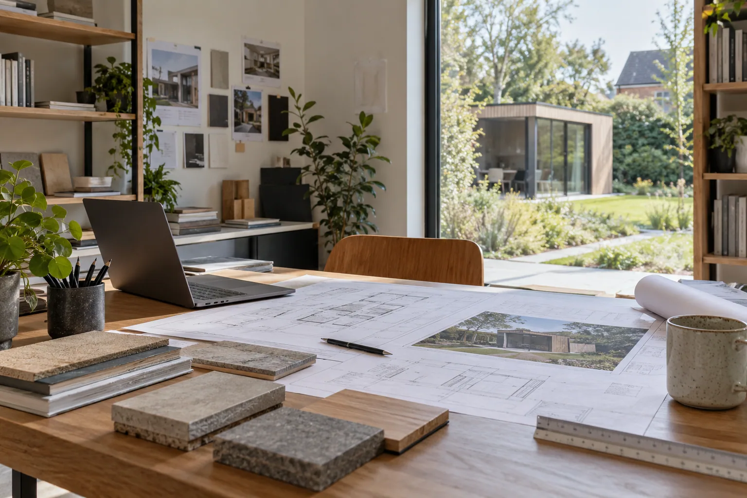 Bureau met bouwplannen en materiaalstalen, met zicht op een houten bijgebouw