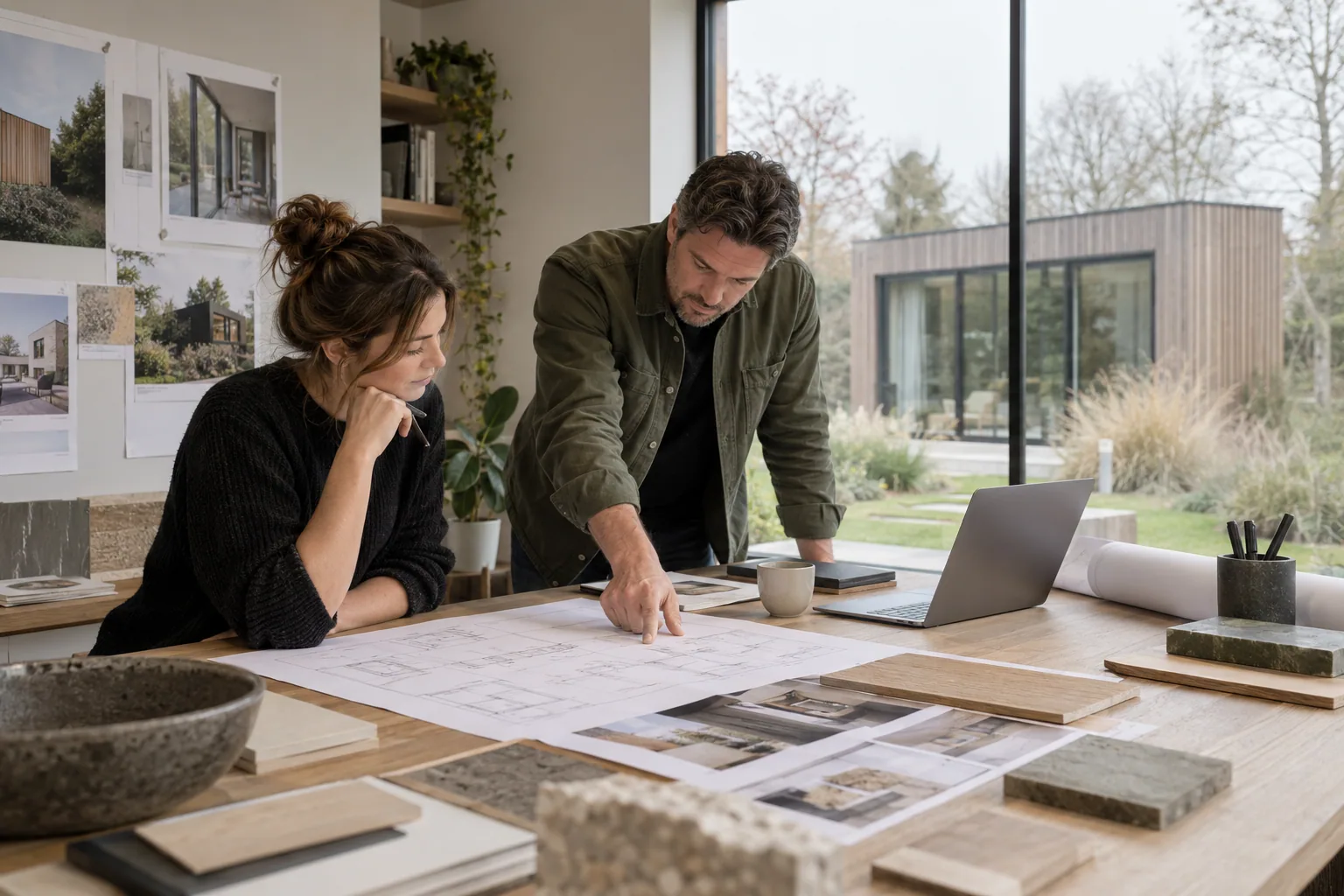 Twee personen bekijken bouwplannen en materiaalstalen in een werkruimte