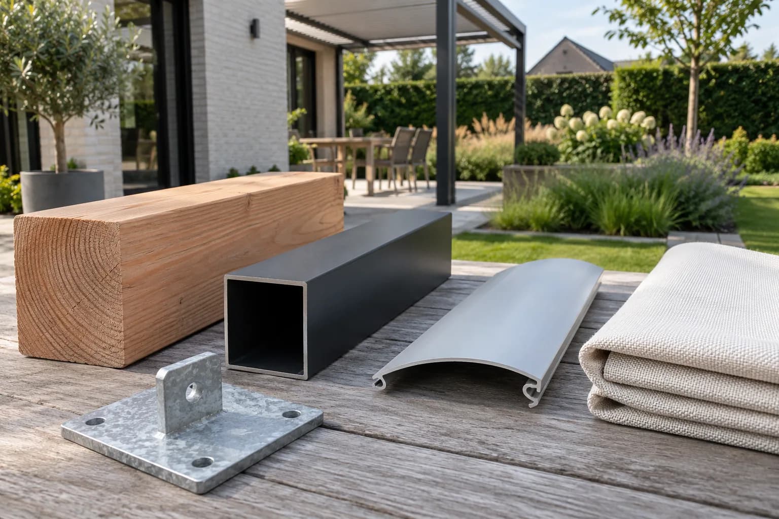 Houten balk, aluminium profiel, lamel, schaduwdoek en metalen voetplaat als pergolamateriaalstalen.