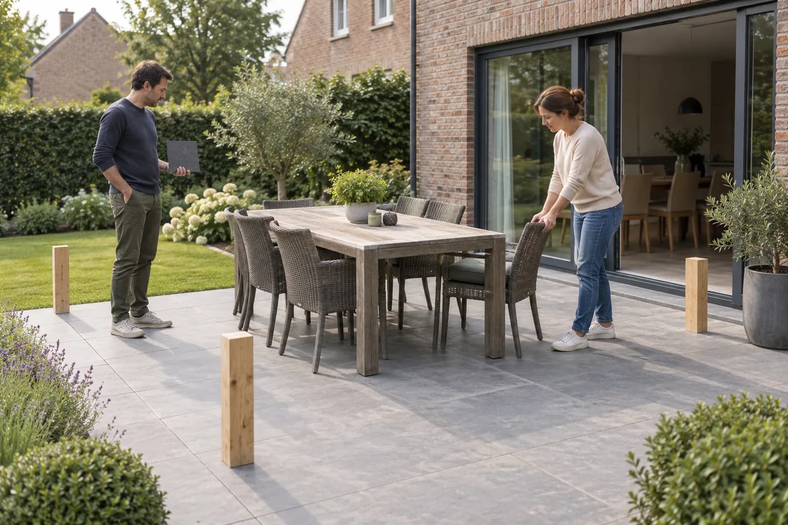 Bewoners testen de ruimte rond hun terrastafel tussen houten markeringen voor toekomstige pergolapalen.