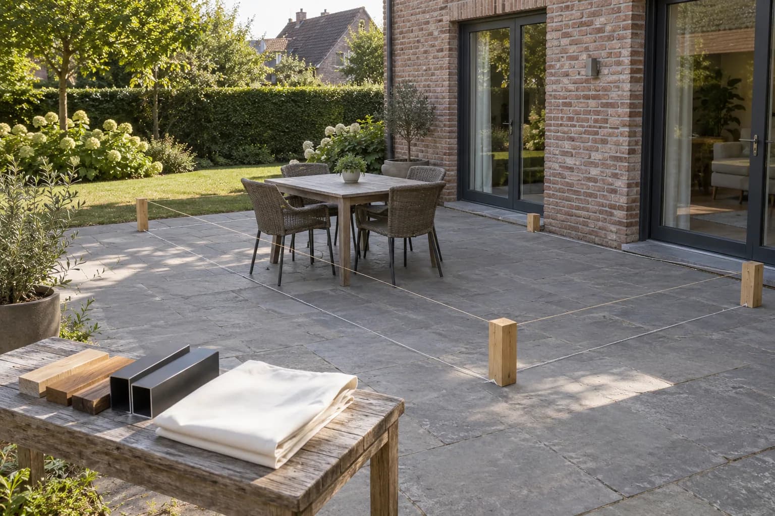 Met koord uitgezette pergolaplek op een terras, met hout- en metaalstalen en een gevouwen doek op de voorgrond.