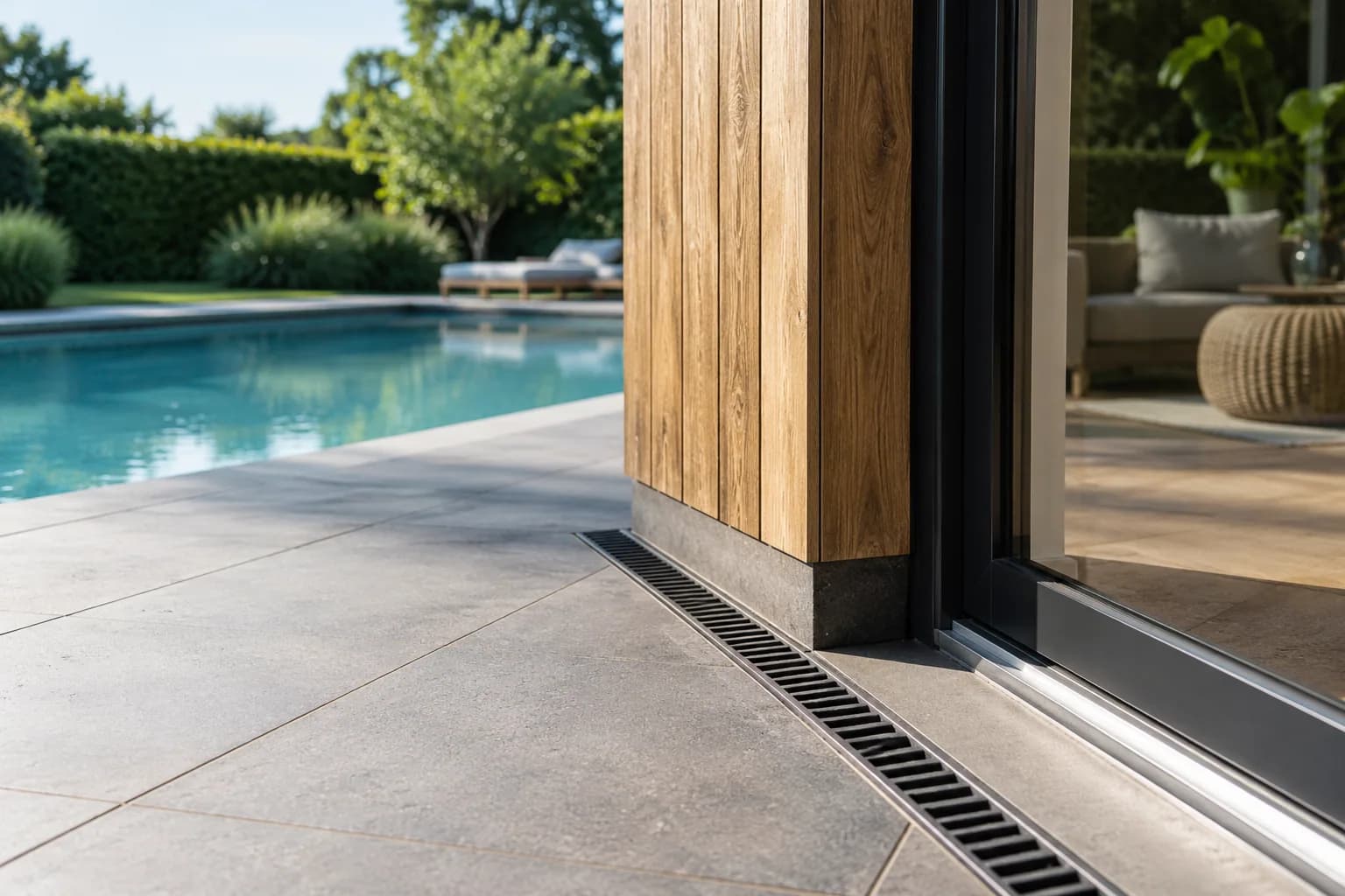Drempel van een poolhouse met lijngoot en houten gevelbekleding boven de bestrating
