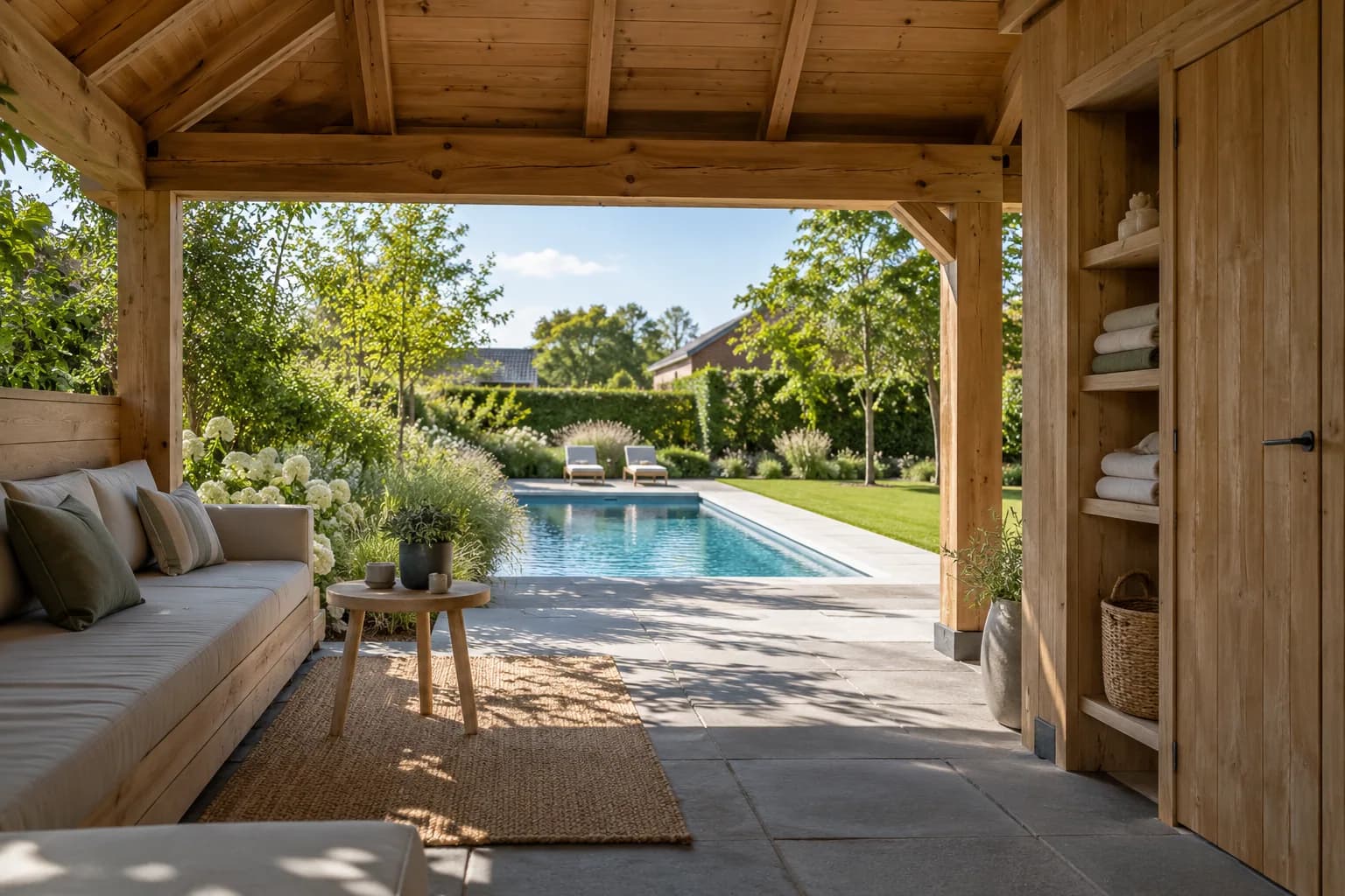 Overdekte zithoek van een poolhouse met handdoekenberging en zicht op het zwembad