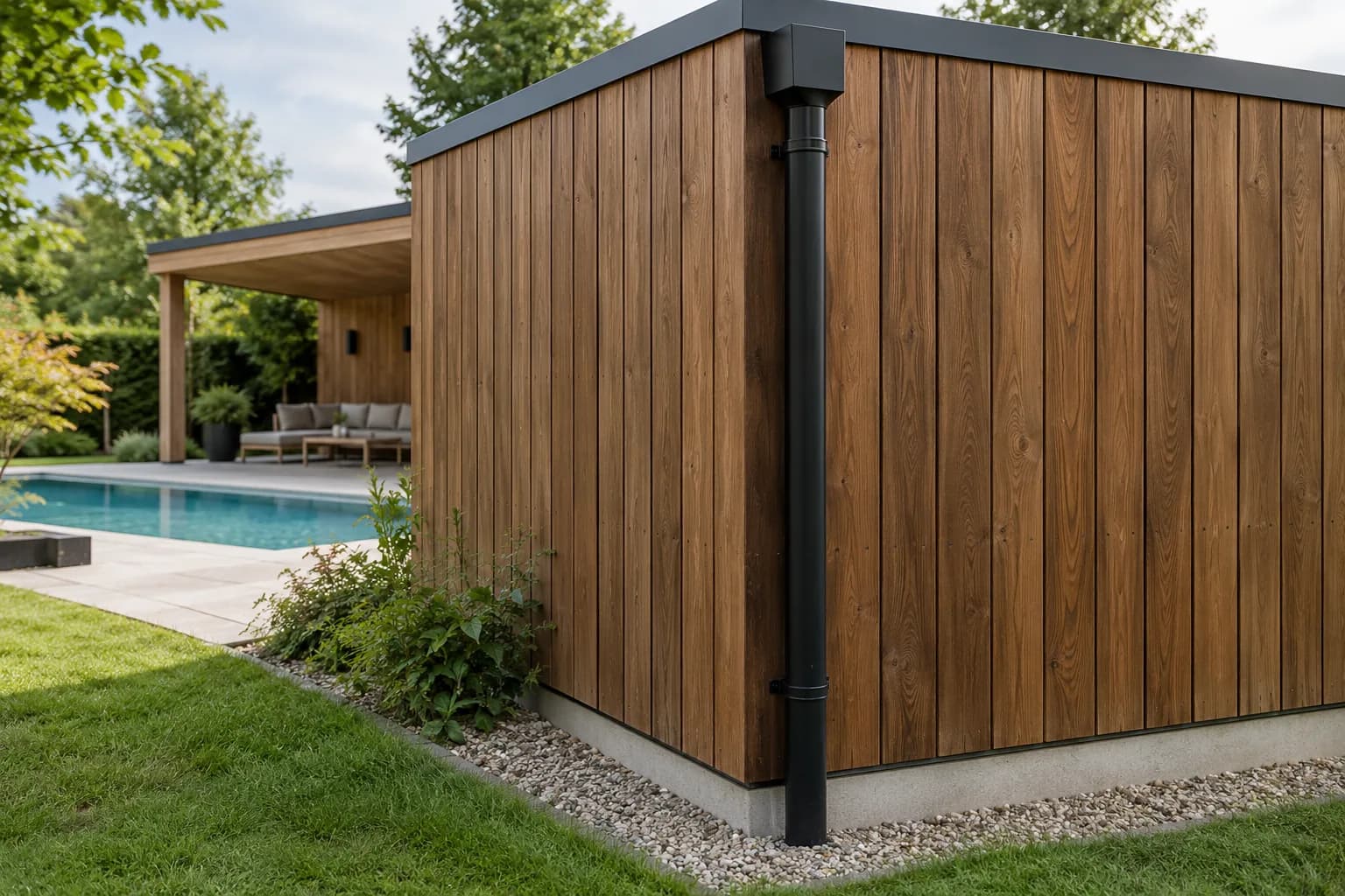 Verticale houten gevelbekleding met donkere dakrand, regenpijp en verhoogde plint langs een grindstrook