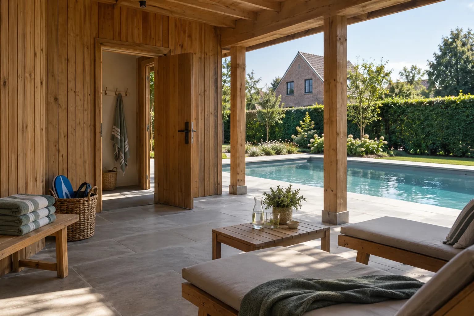 Overdekt houten poolhouseterras met ligstoelen, handdoeken en open omkleedruimte aan het zwembad