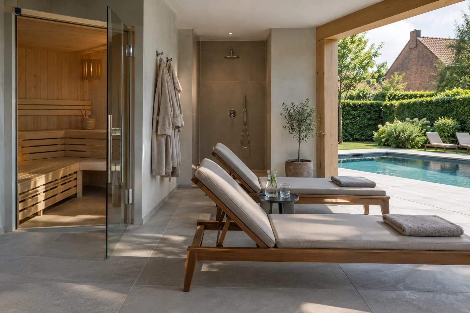 Rusthoek met ligstoelen, handdoeken en douche naast de open saunadeur, met zicht op het zwembad
