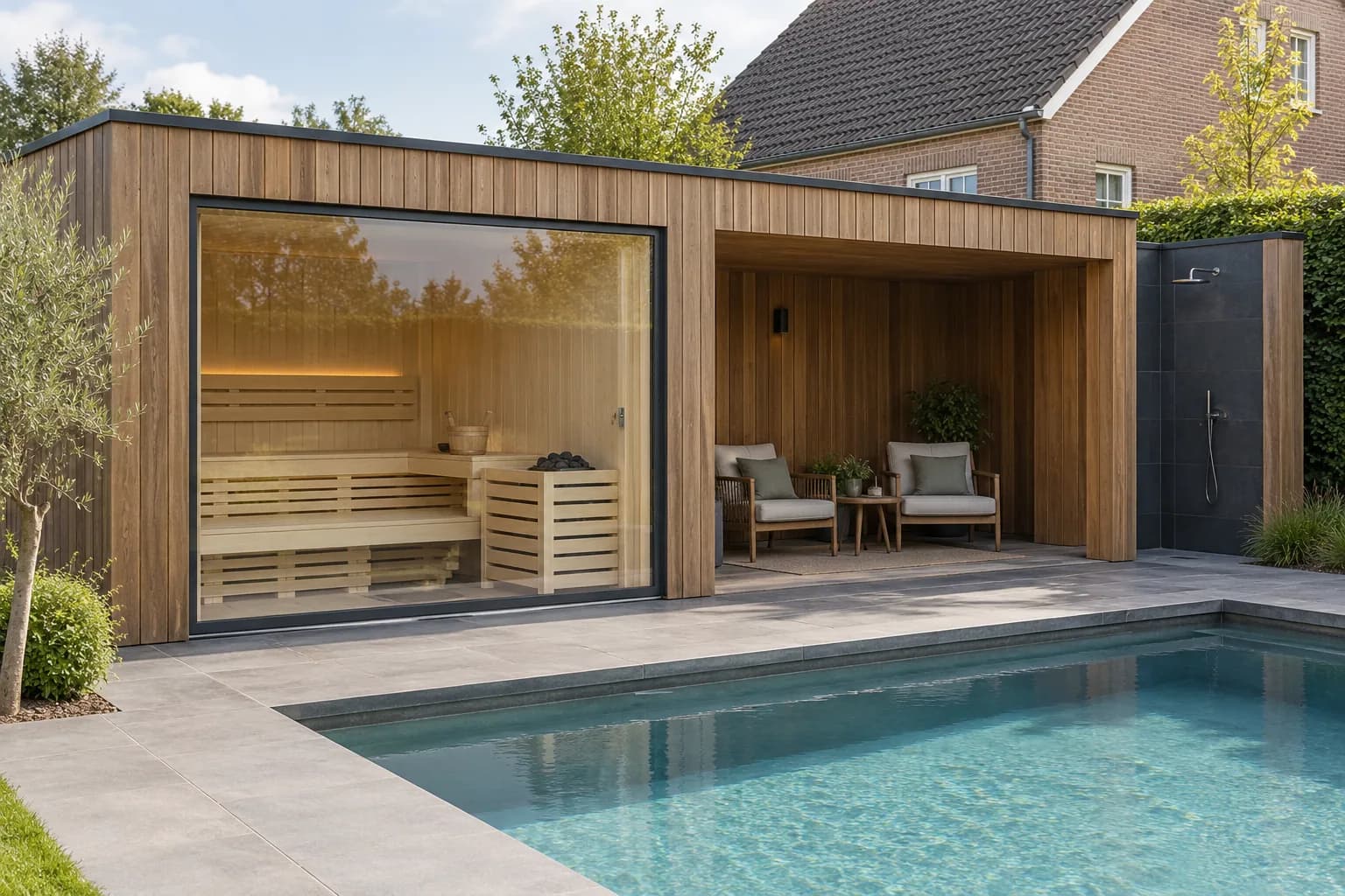 Poolhouse met zichtbare houten saunabanken achter glas, overdekte rusthoek en buitendouche