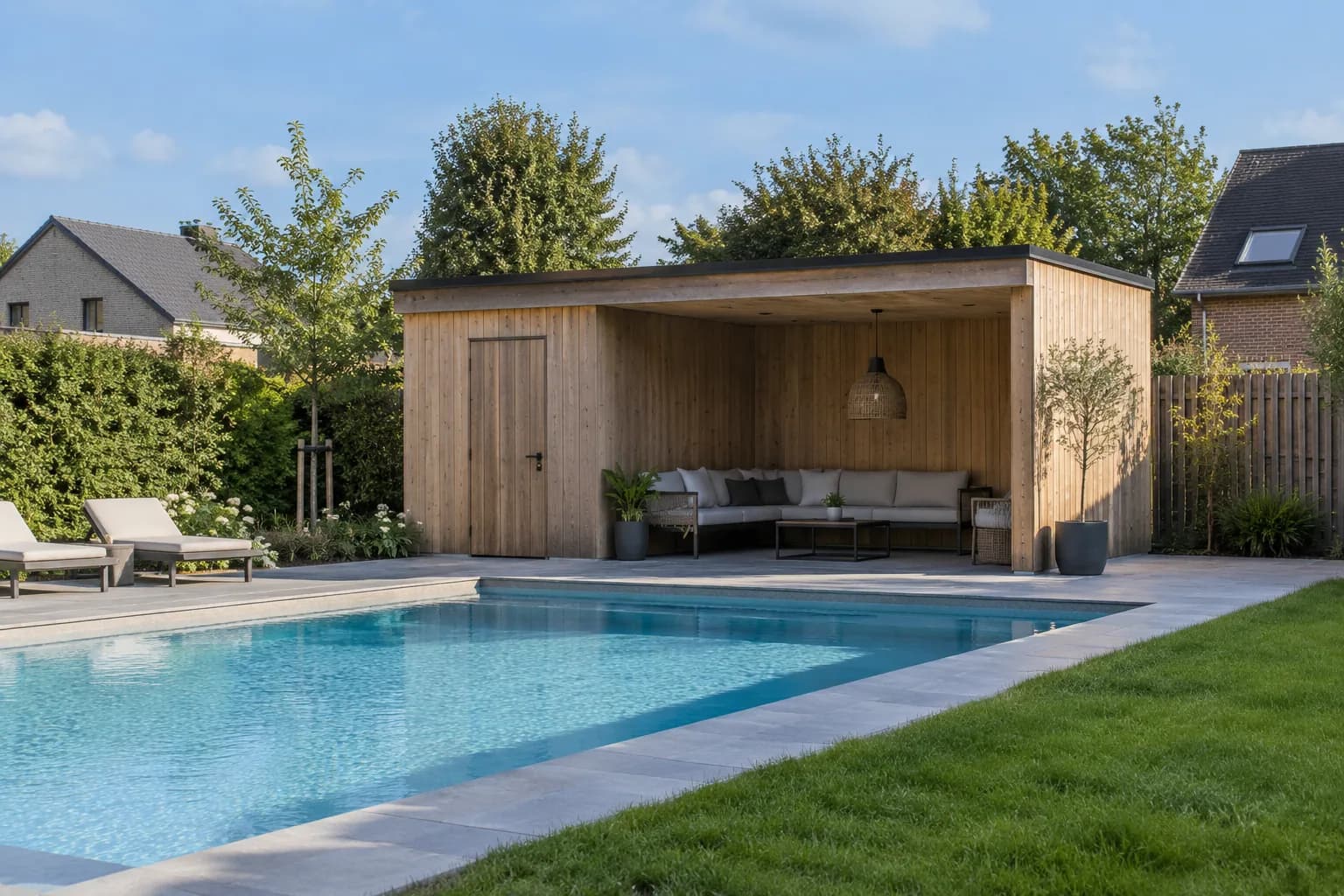 Houten poolhouse met gesloten berging en overdekte lounge naast een zwembad
