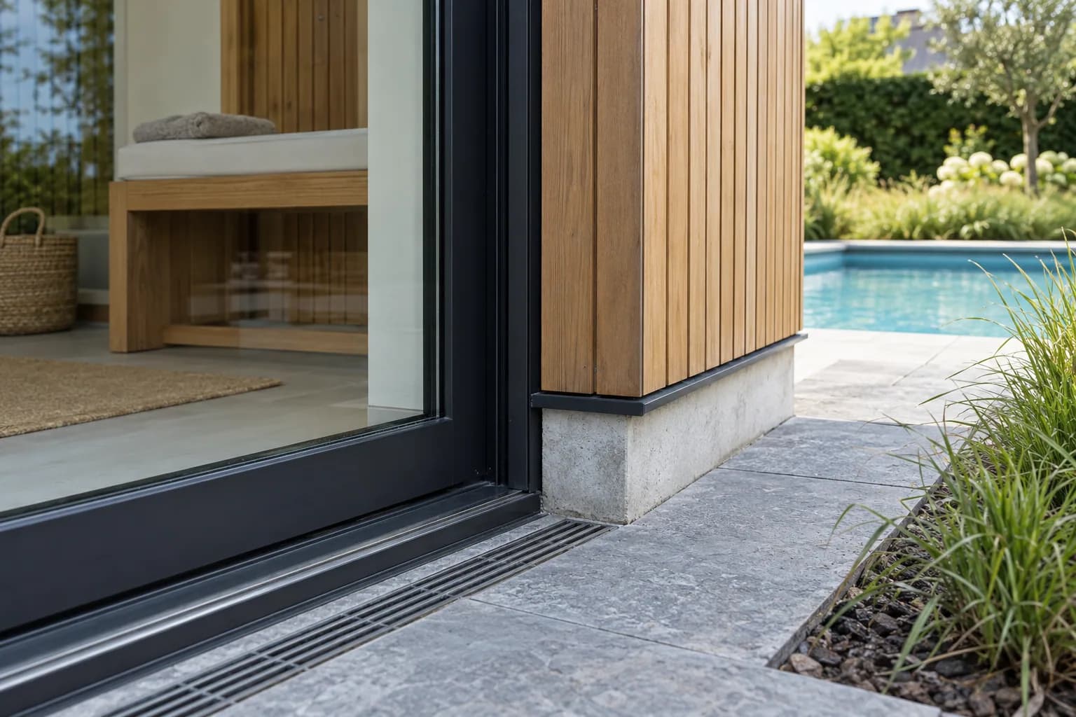 Schuifpuidorpel van een poolhouse met afvoergoot, houten gevelbekleding en betonnen plint