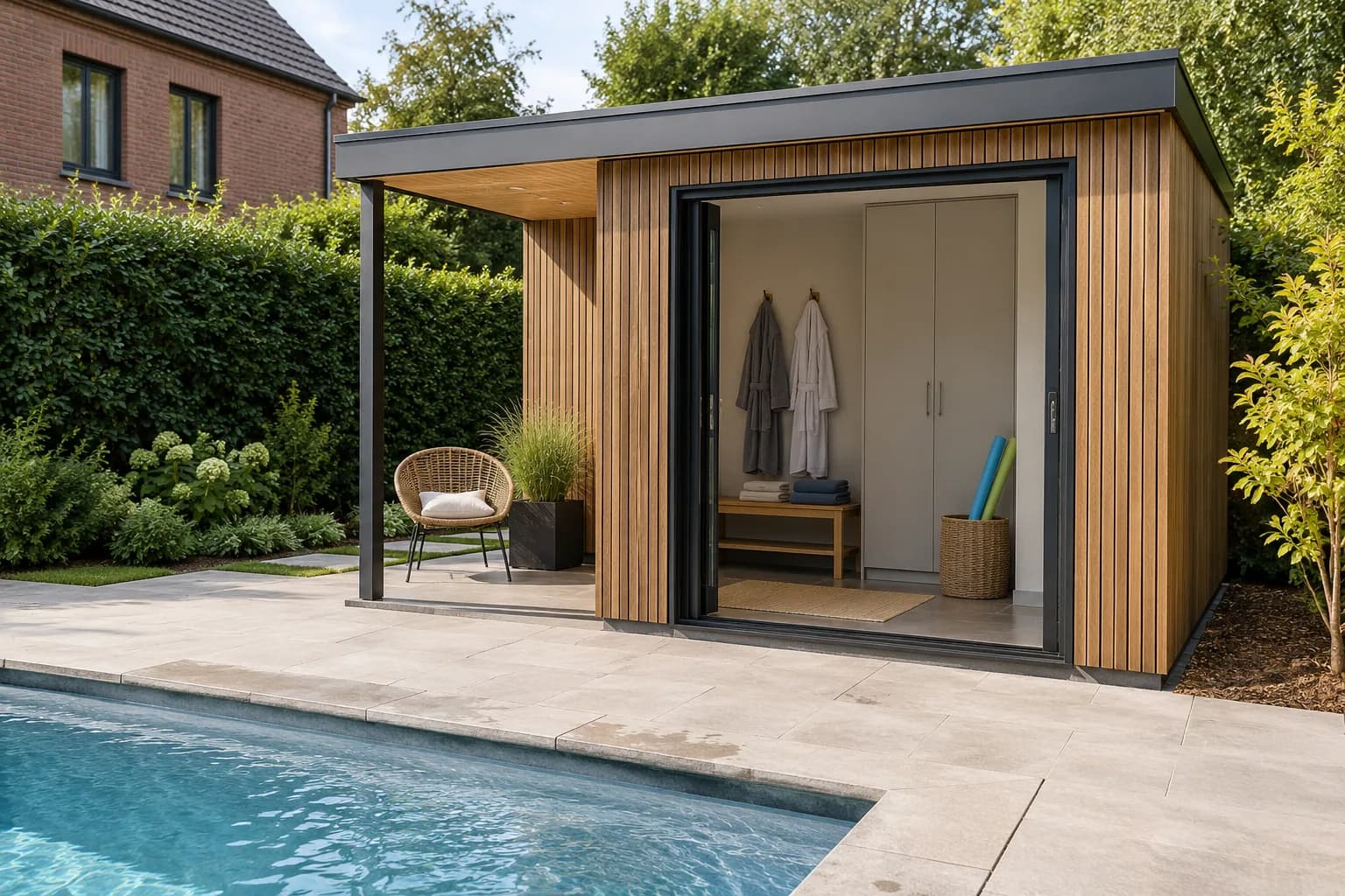 Open poolhouse met omkleedbank, badjassen, handdoeken en opbergkast naast het zwembad