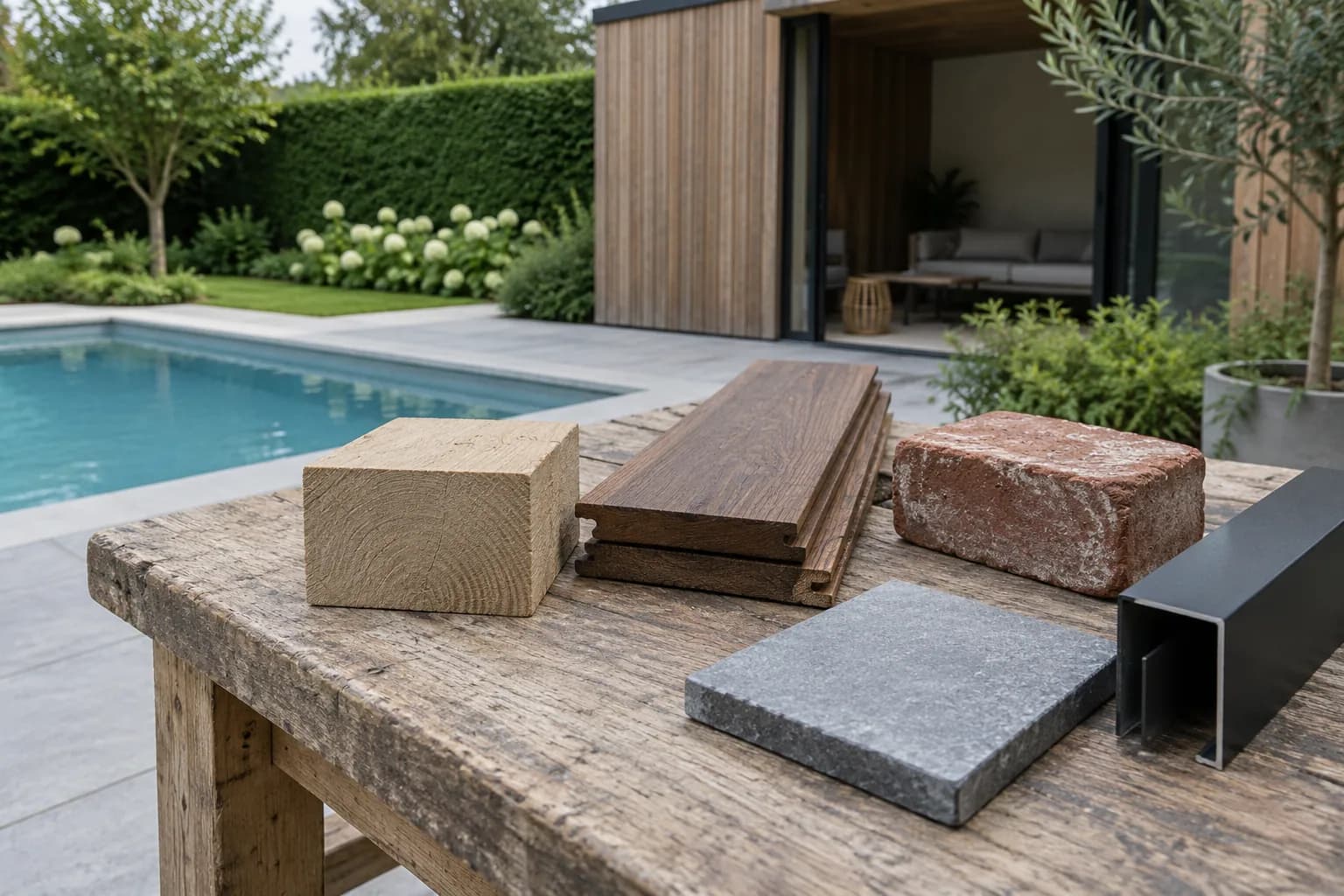 Stalen van eikenhout, houten gevelplanken, baksteen, donker metaalprofiel en grijze tegel bij een poolhouse