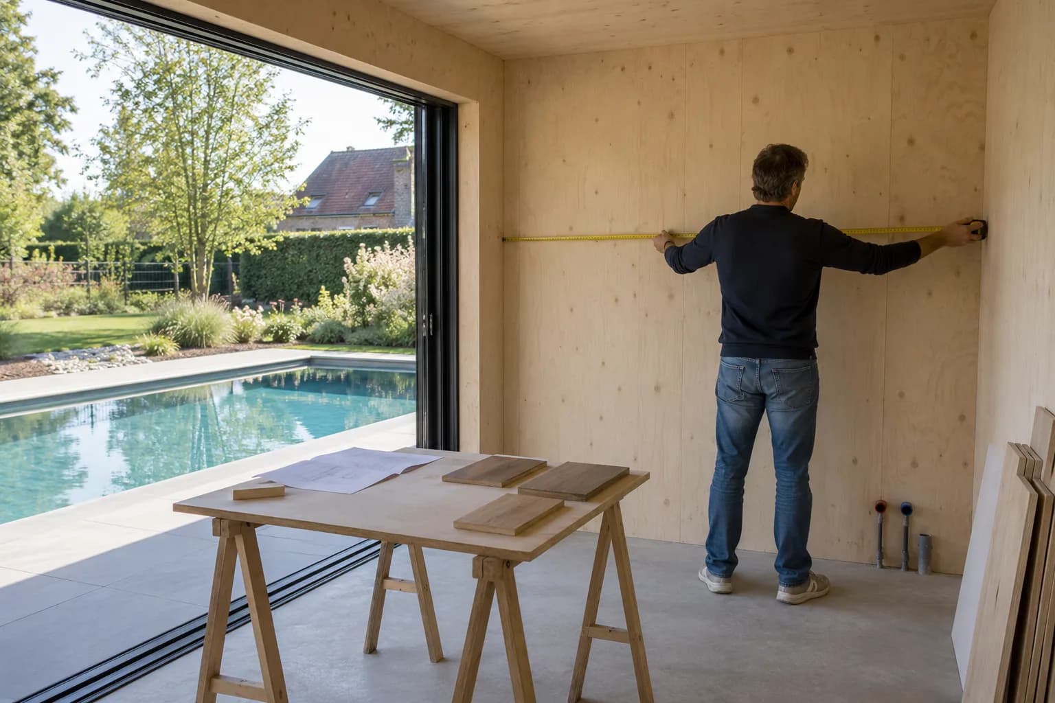 Persoon meet een poolhousewand op, met houtstalen op schragen en aansluitpunten voor de toekomstige inrichting