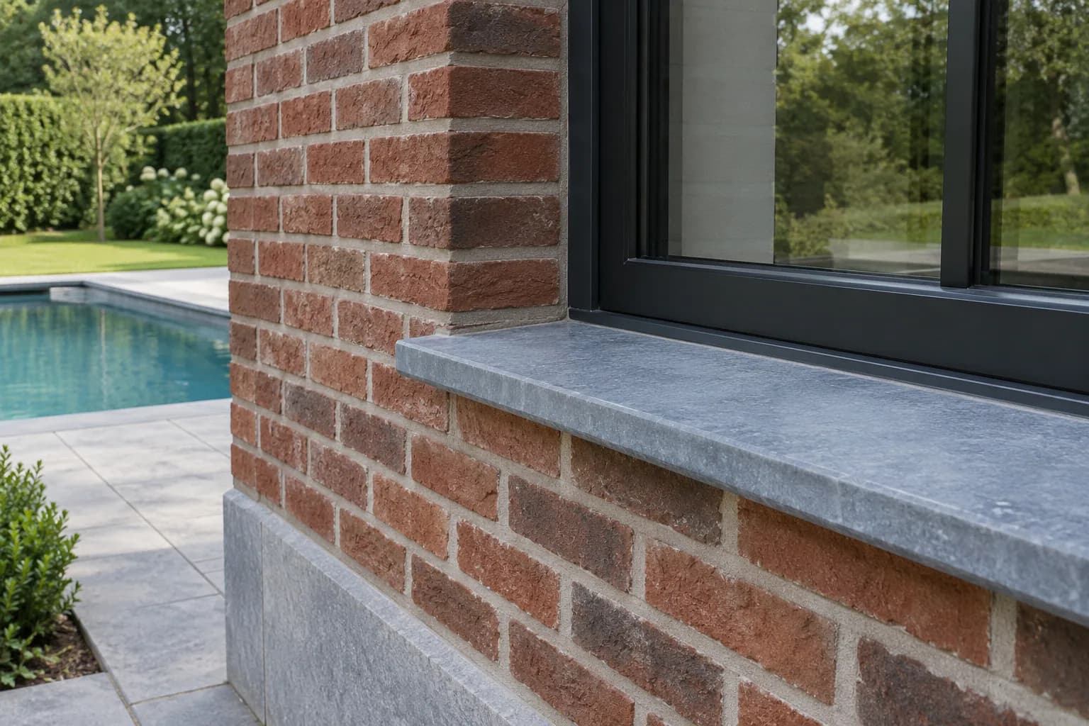 Bakstenen poolhousegevel met donker raamkader, natuurstenen dorpel en grijze plint
